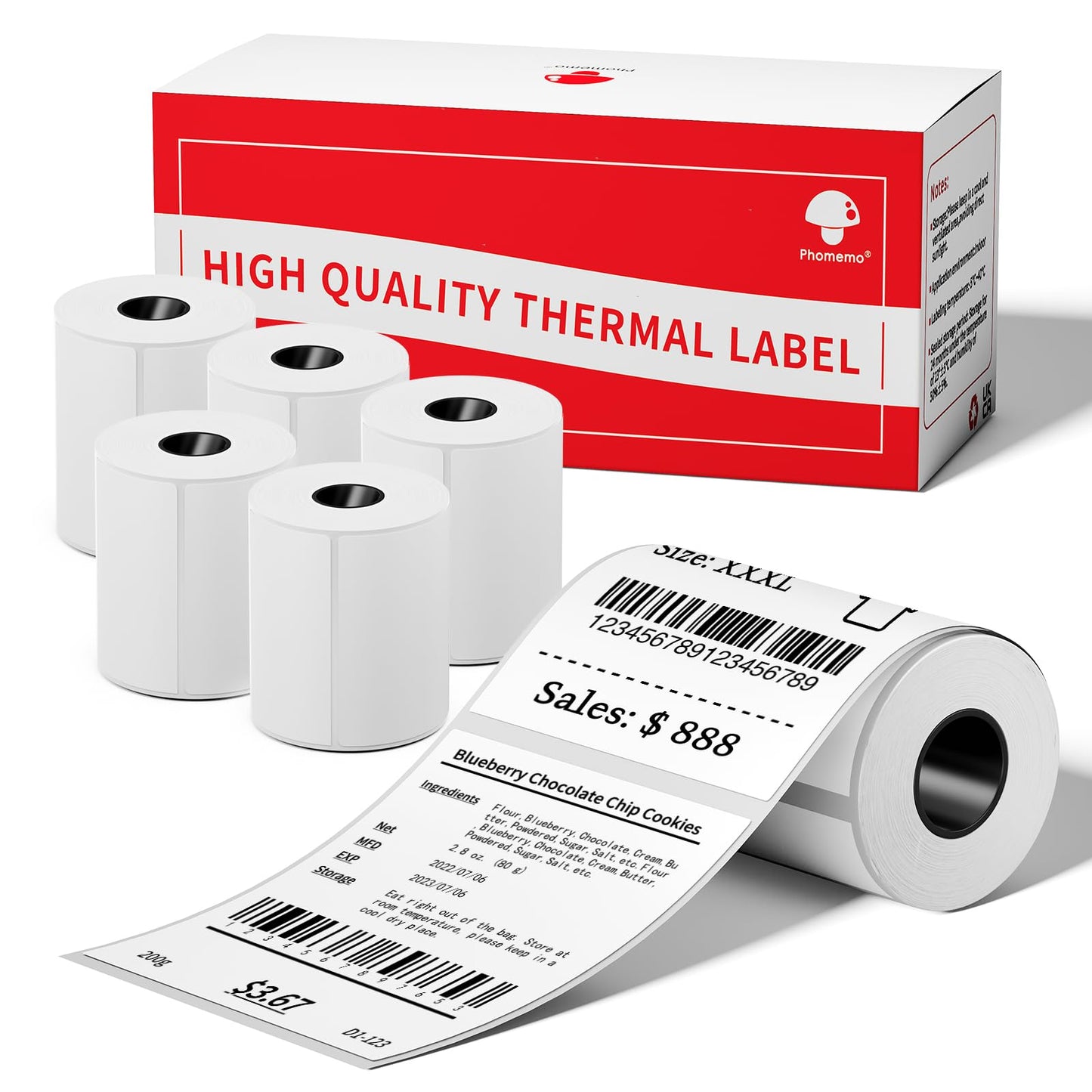 Phomemo [6x90 pcs] Original Labels for M110 M220 M221 M120 M200, 6 Rolls, 1.97''x3.15'' (50x80mm), 90 Label/Roll, Square, White, Also Support Phomemo Shipping Printer for Barcode, Address