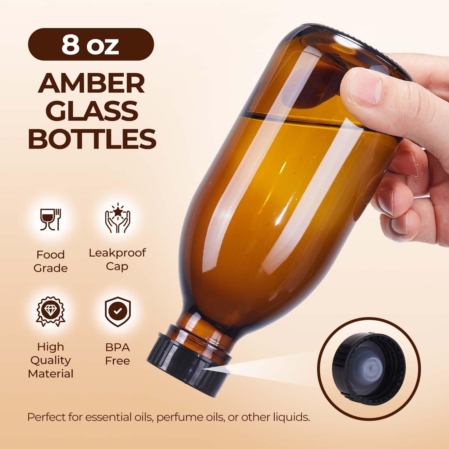 Elumeiro 24 Pack 8 OZ Amber Glass Bottles with Lids, Leakproof Glass Bottles for Vanilla extract, Shampoo, Tinctures, Essential Oils, Homemade Hot Sauce, Syrup, Boston Round Brown Bottle