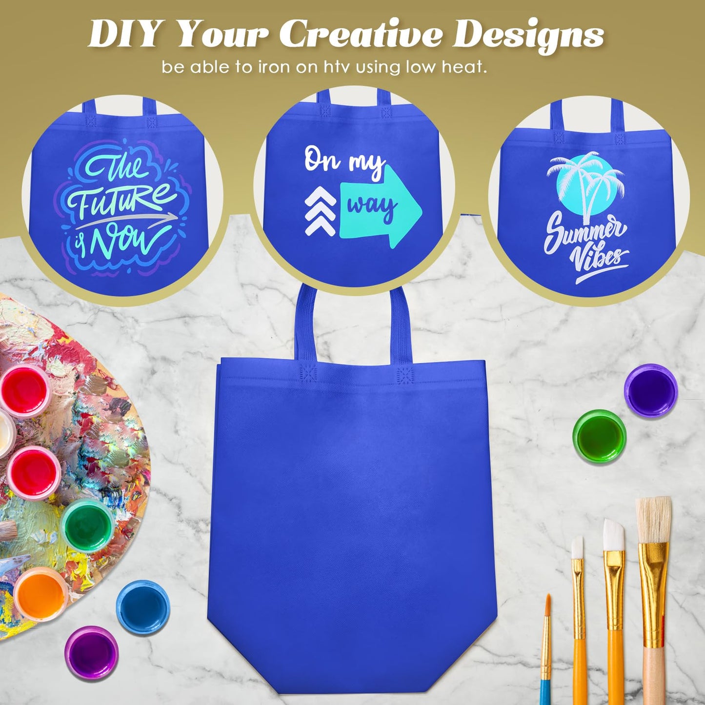 Reginary 100 PCS Reusable Totes Bags - Non Woven Grocery Handle Bags for Shop Events & Retail Store(Blue)