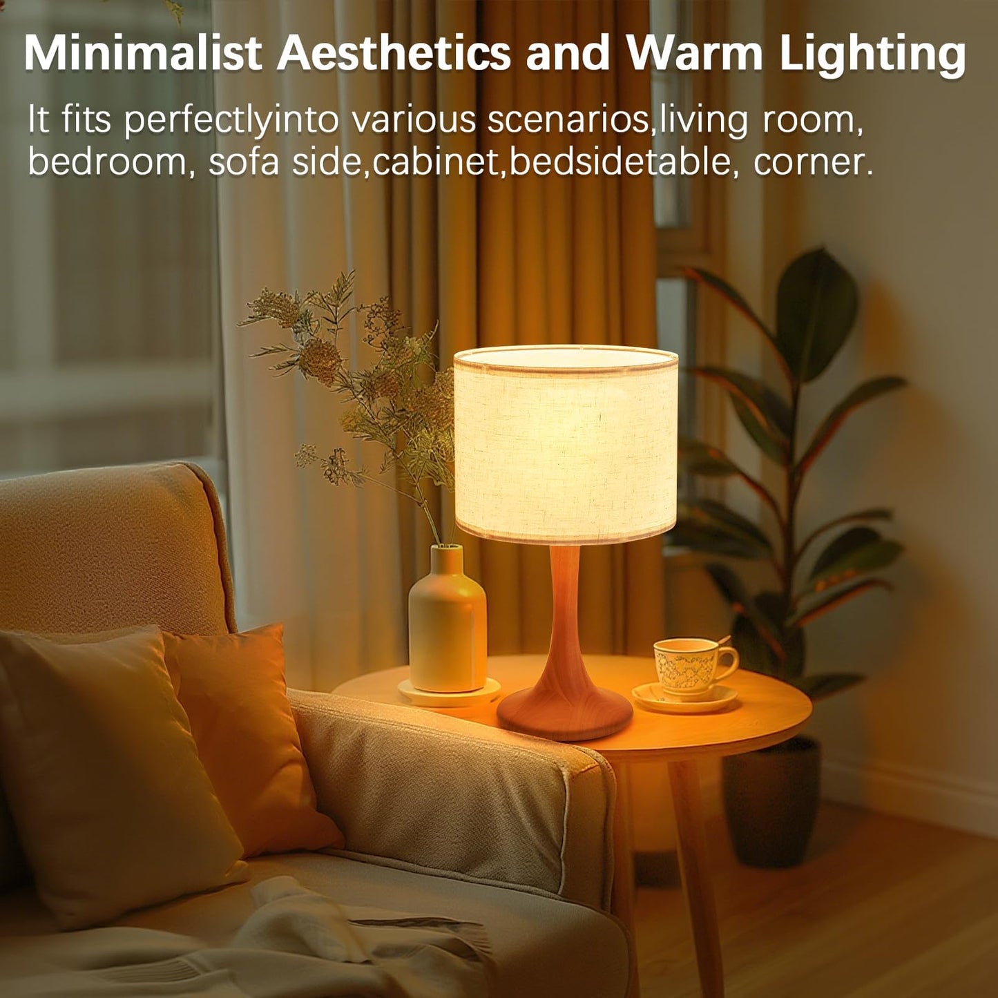 NUSRAN Bedside Table Lamp for Bedroom, Nordic Plug in Fabric Shade & Solid Wood Base Desk Lamp, Plug & Play Natural Wood Nightstand Lamp for Living Room, Office, Switch Power Cord 【Bulb Not Included】