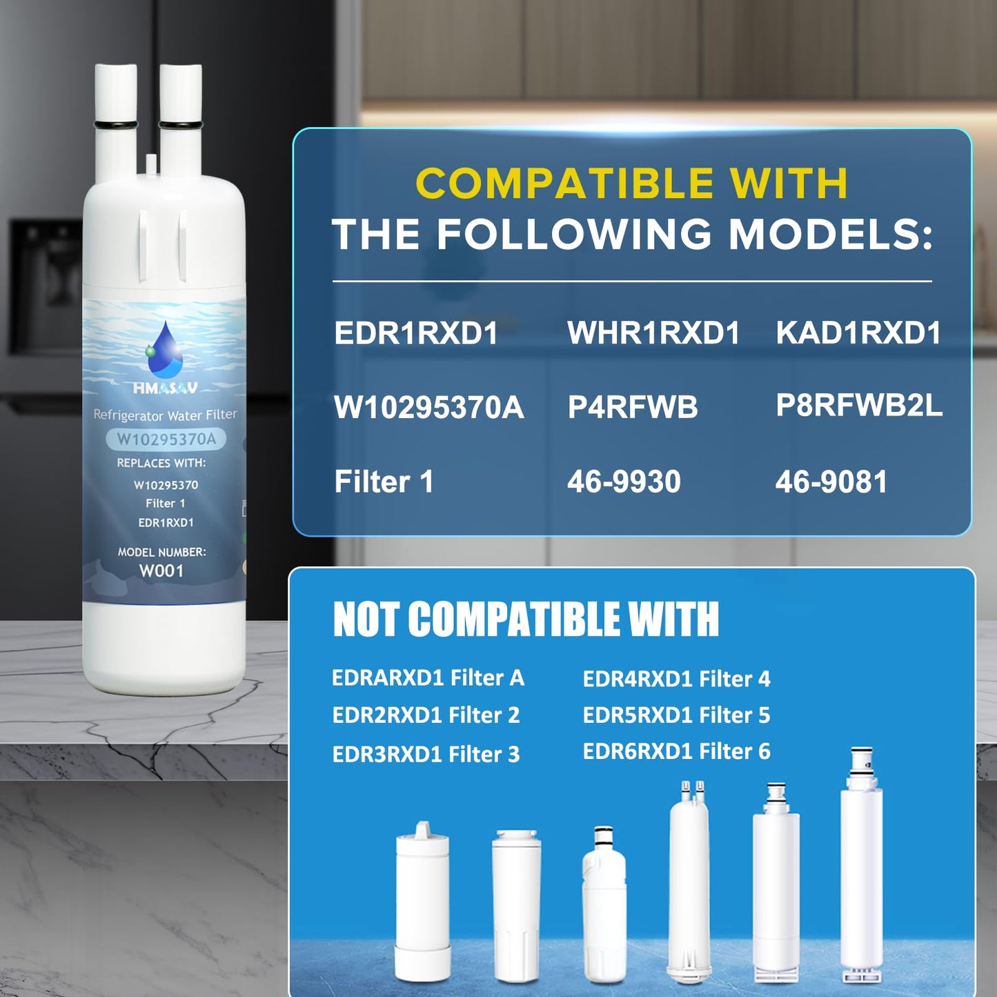 HMASAV W10295370A water filter replacement, Compatible with Whirlpool EDR1RXD1, Everydrop Filter 1, EDR1RXD1B, W10295370, WHR1RXD1, KAD1RXD1, P4RFKB2, P8RFWB2L, 46-9930,46-9081 4PACK