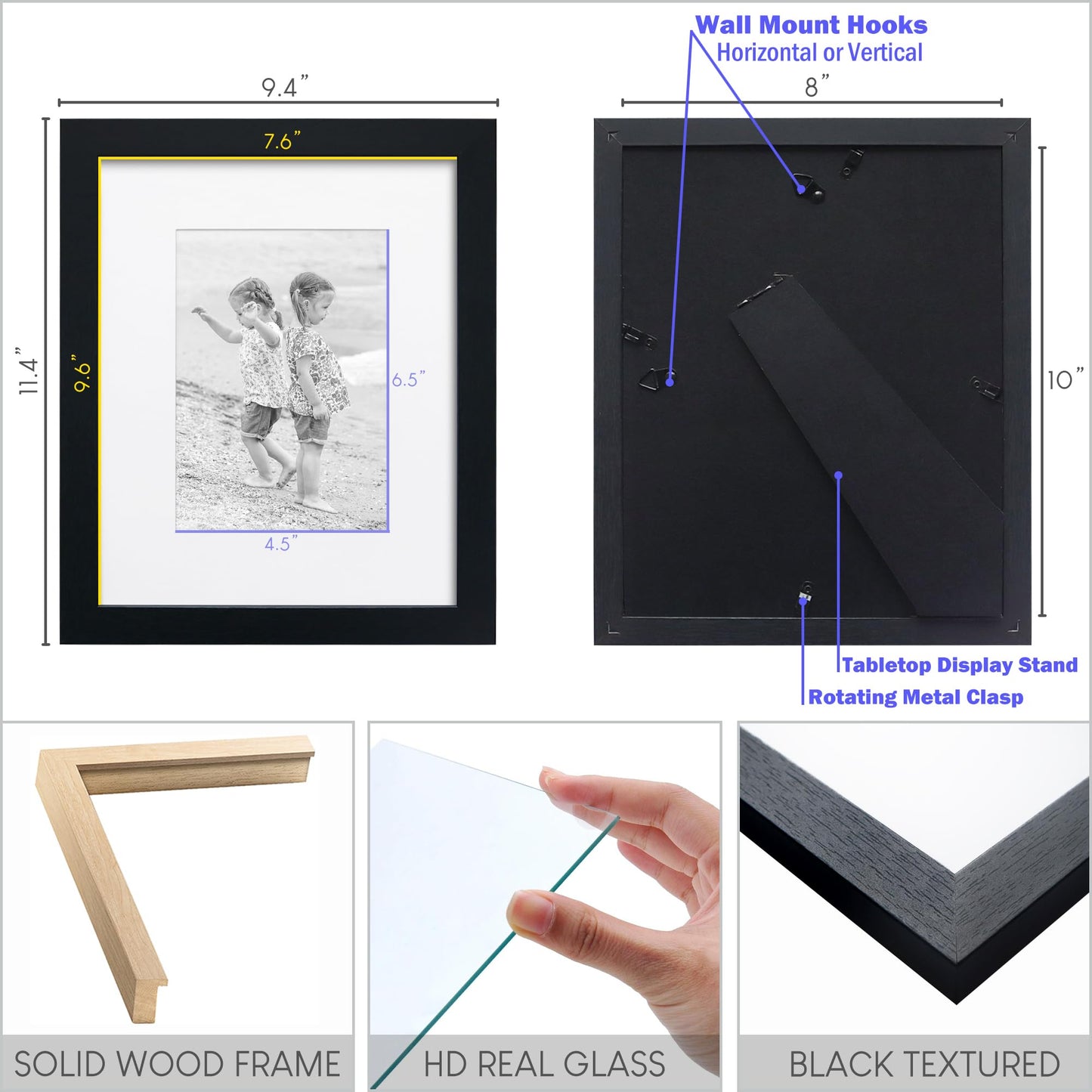 NWDCLF 8x10 Wooden Picture Frame Set of 4 (with 5x7 Mat), Solid Wood with Real HD Glass, for Tabletop or Wall Mount, Home Office Photo Frames Collage Wall Décor, Black