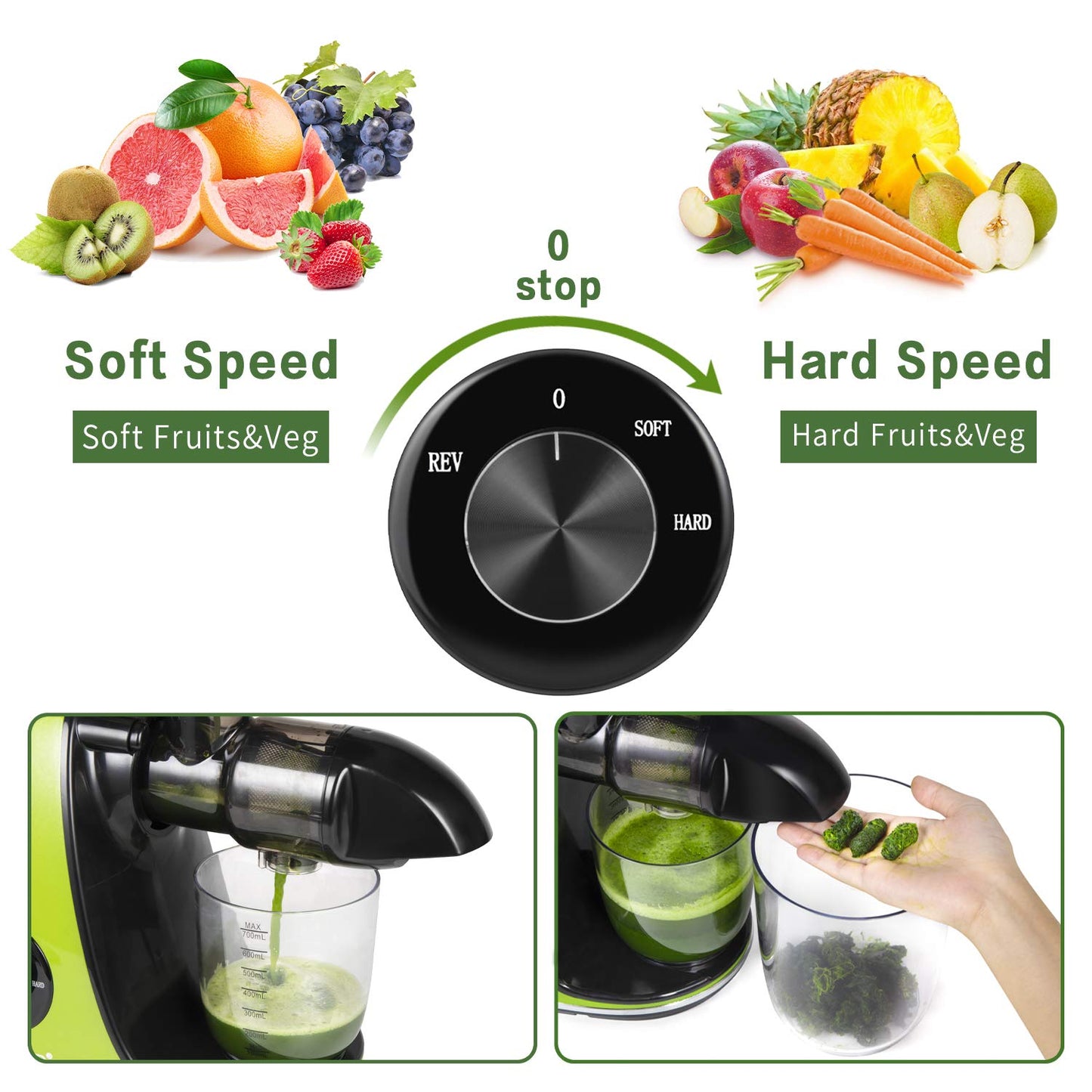 CIRAGO Horizontal Cold Press Juicer, Two Speed Adjustments, Slow Masticating Juicer Extractor, Easy to Clean, Silent Motor, Suitable for Vegetables and Fruits, BPA Free (Green)