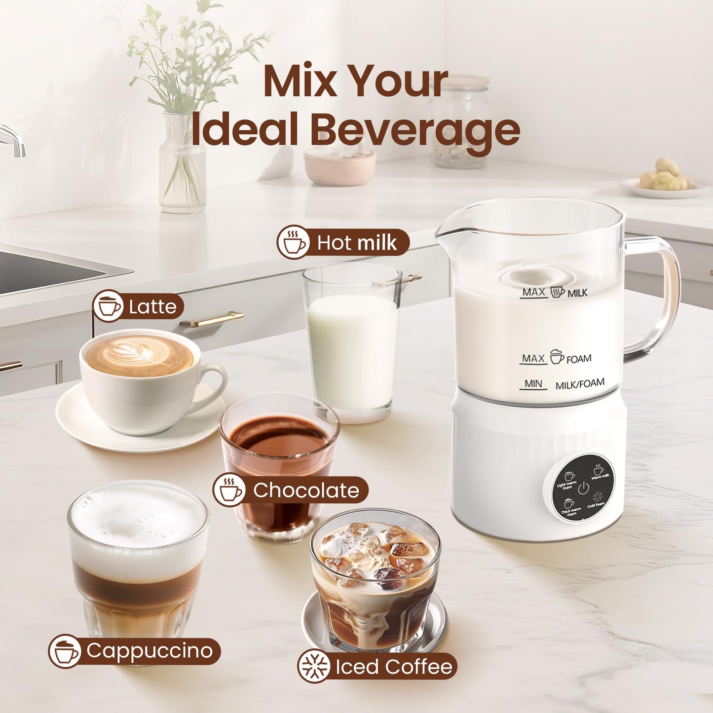 Casimhu 4-in-1 Milk Frother, Electric Milk Frother and Steamer with LED Touch Screen, Ceramic Lining Bottom, Milk Warmer 13.52oz for Lattes, Cappuccinos, and Macchiatos at Home, White