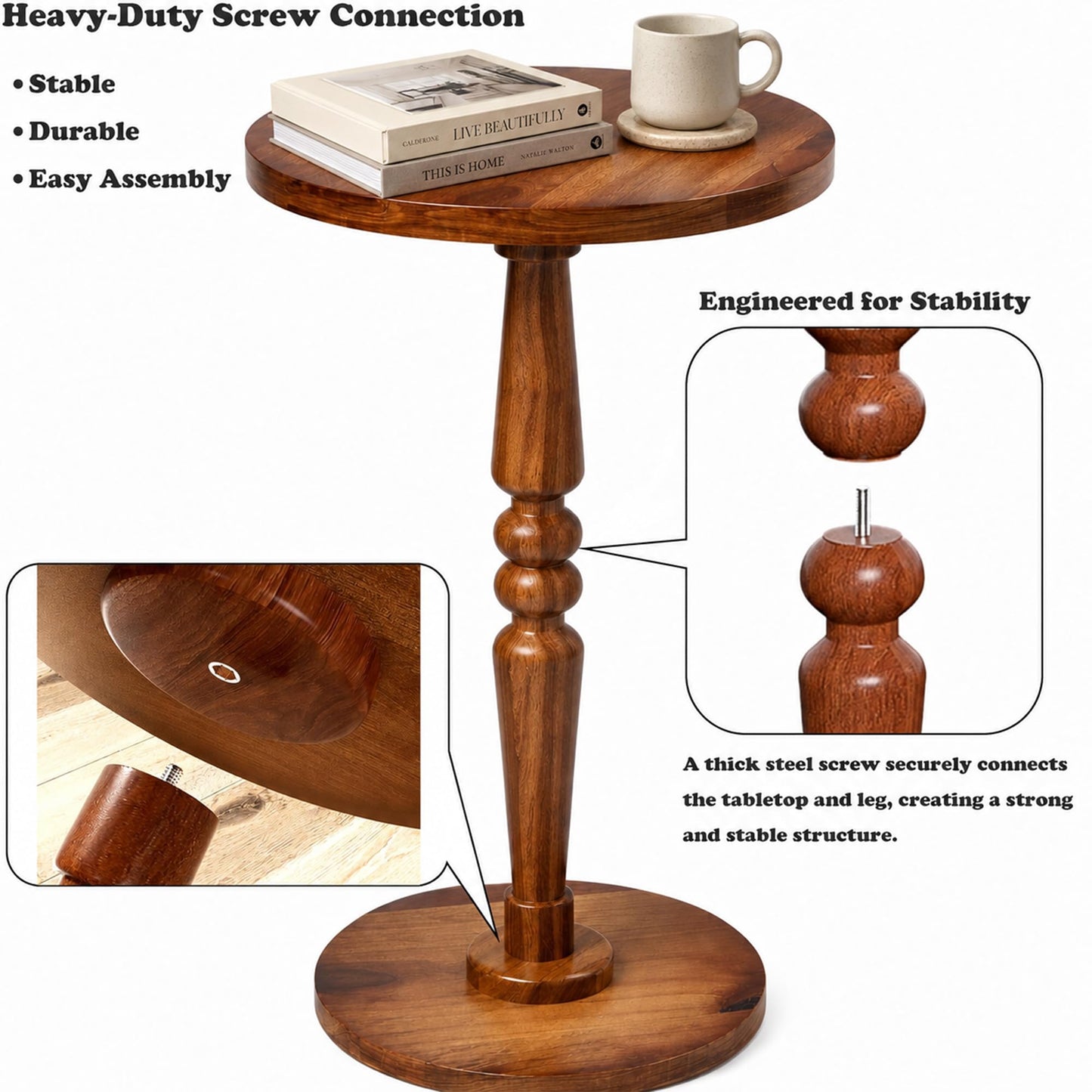 promitop Small Wooden Round Side Table - Accent Nightstand Pedestal Table for Living Room, Bedroom - Compact Coffee Table, Tea Table, Drink Table, End Table for Small Spaces, Corners, Office