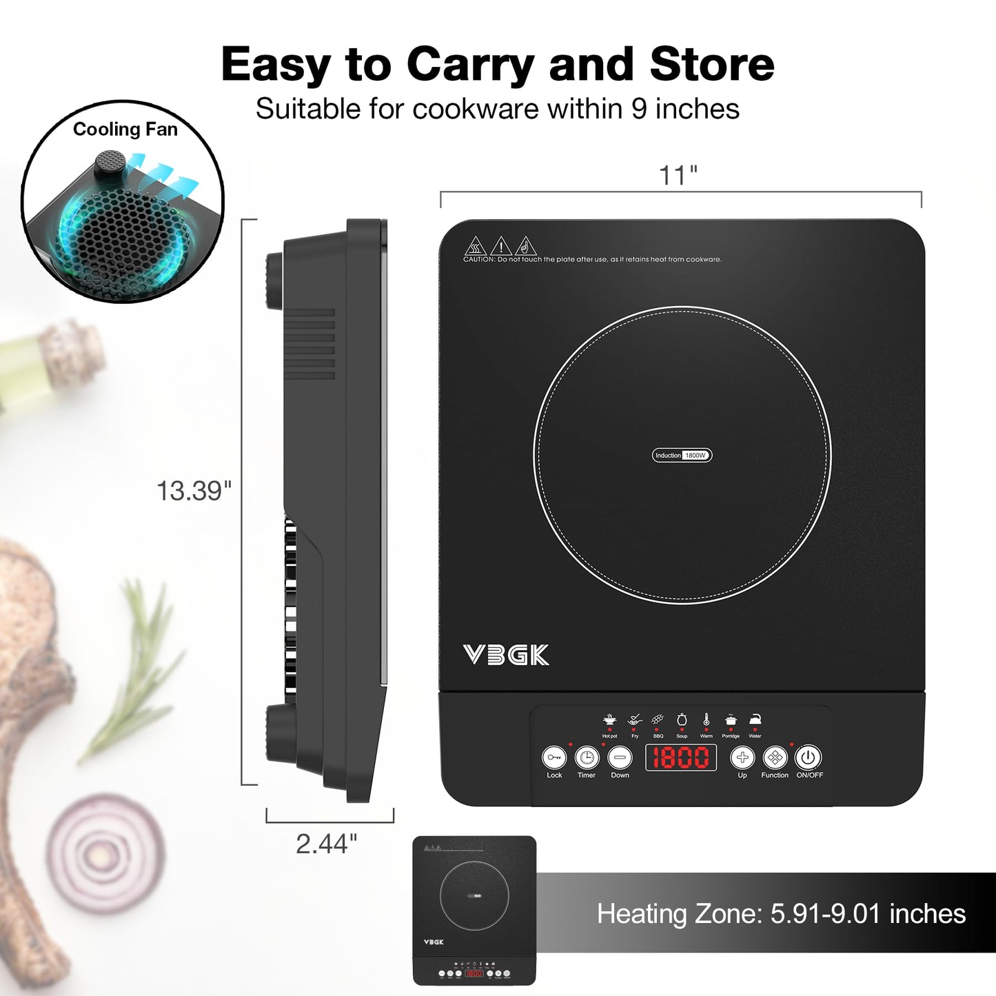 VBGK Single Burner Induction Cooktop,1800W Portable Induction Cooktop,110V Hot Plate with LCD Sensor Touch, 7 Temp Levels up to 518°F, Safety Lock, 4-Hour Timer, 9 Heat-Resistant Cooking