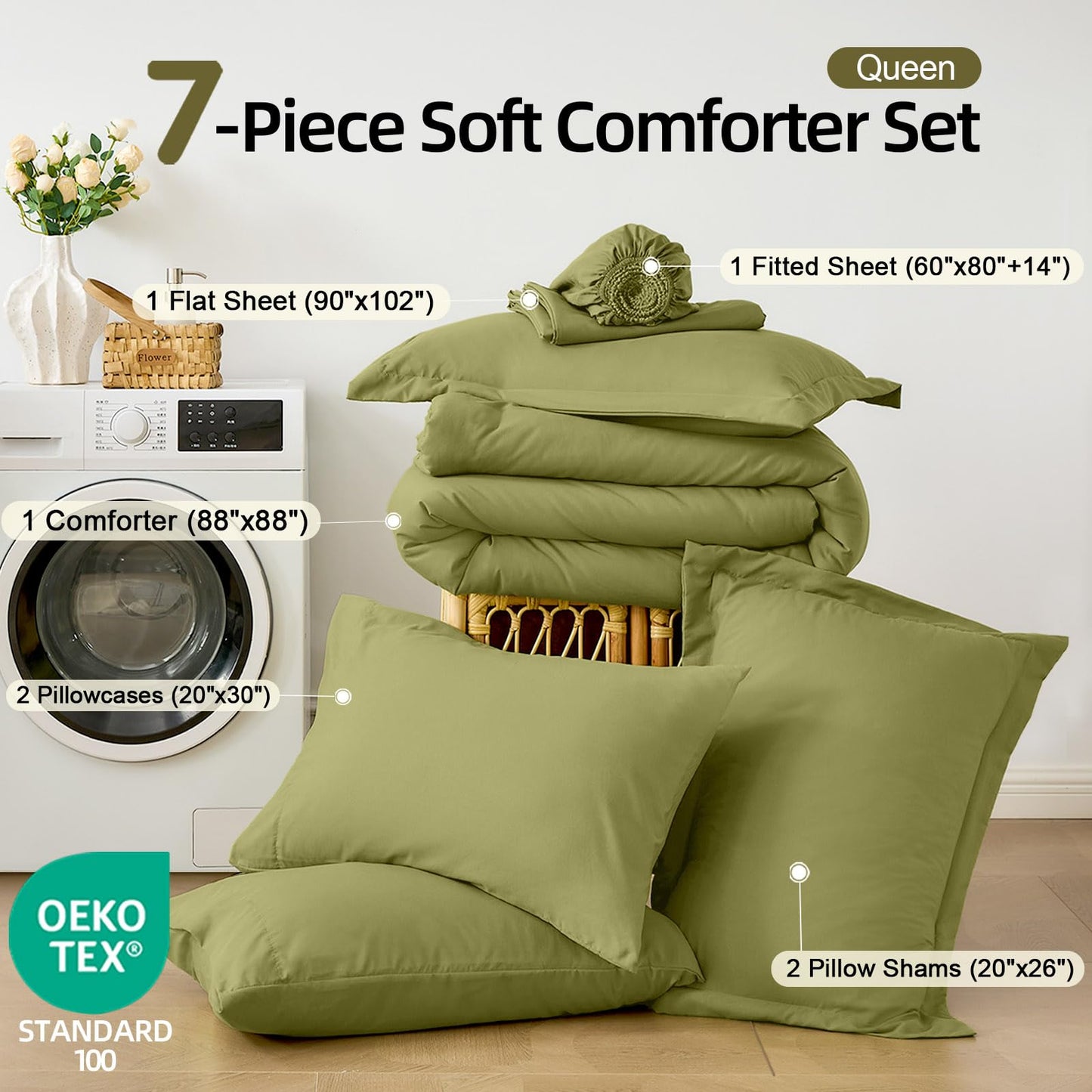 FUANNA Queen Comforter Set Olive Green, 7 Pieces Soft Bedding Sets Queen Size, All Season Lightweight Bed in a Bag with Comforter, Flat Sheet, Fitted Sheet, Pillowcases & Shams