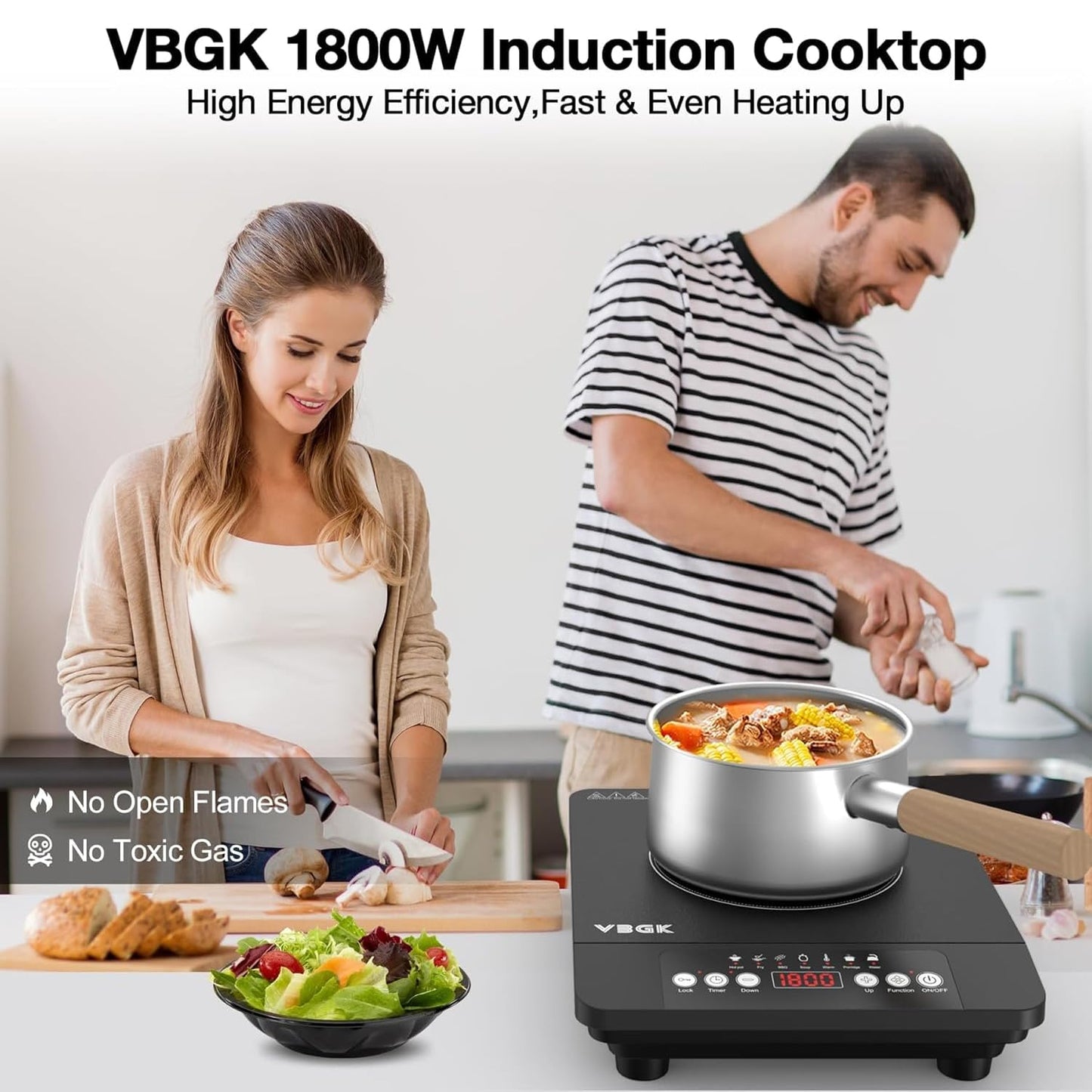 VBGK Single Burner Induction Cooktop,1800W Portable Induction Cooktop,110V Hot Plate with LCD Sensor Touch, 7 Temp Levels up to 518°F, Safety Lock, 4-Hour Timer, 9 Heat-Resistant Cooking