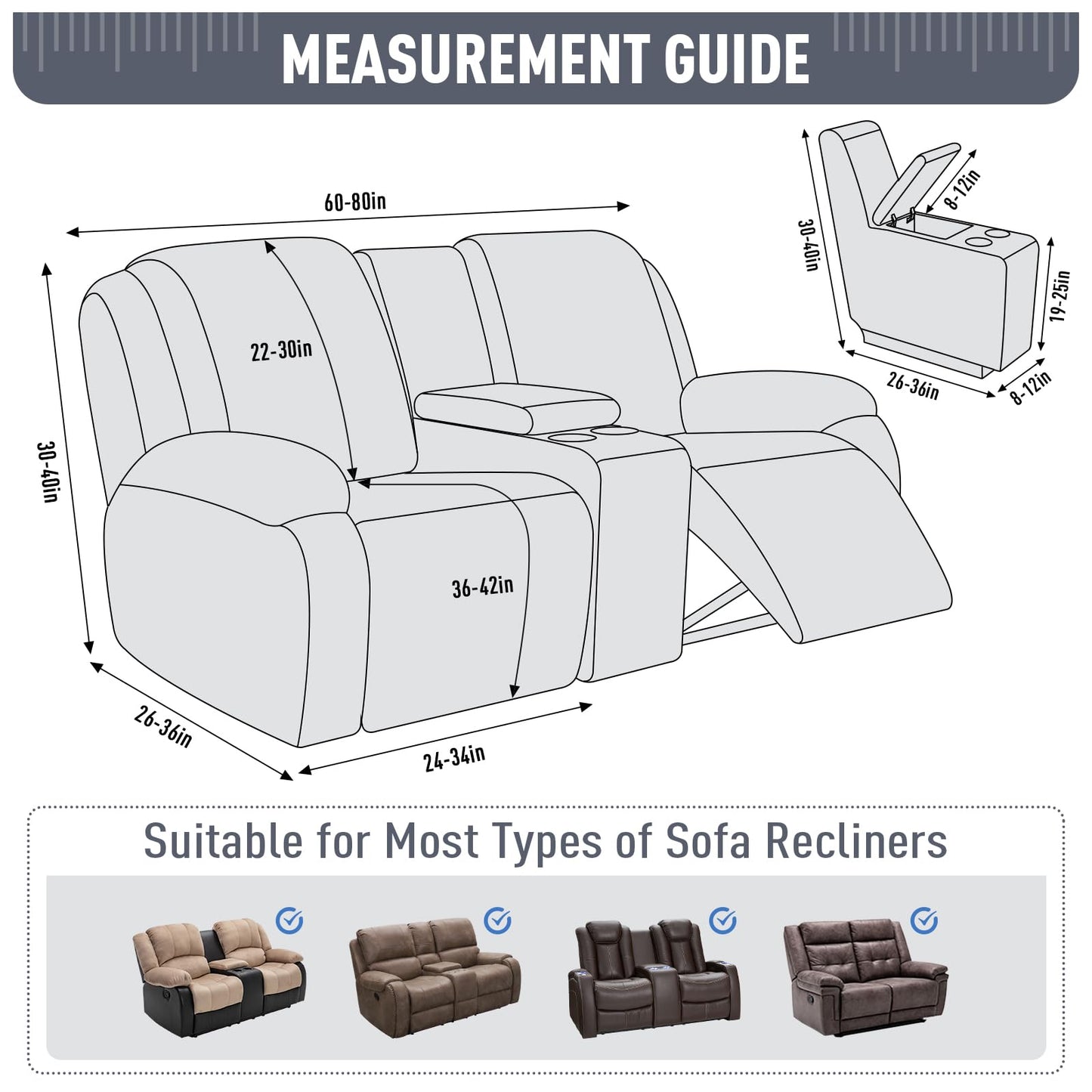 TAOCOCO Loveseat Recliner Cover with Middle Console, Stretch Loveseat Cover for 2 Seat Recliner Couch, Jacquard Reclining Sofa Covers Loveseat Slipcover Furniture Protector, Grey