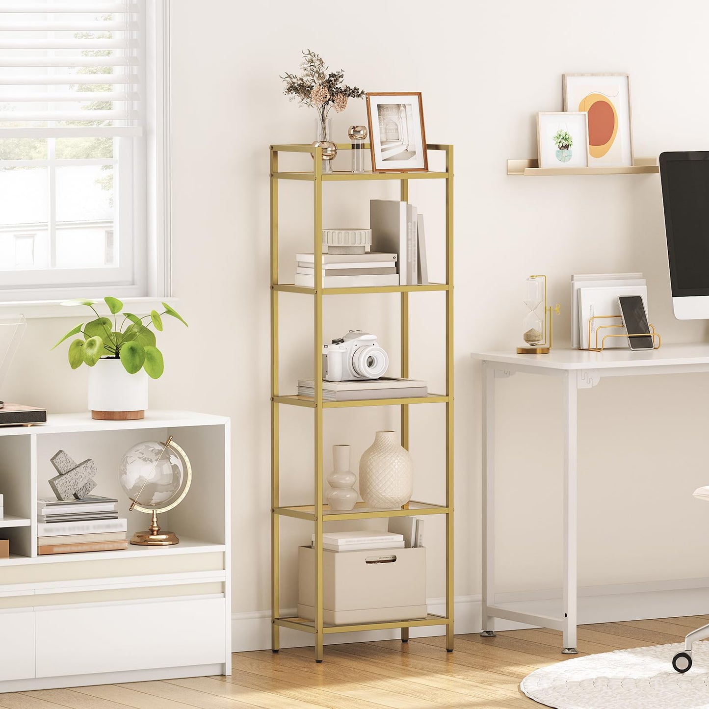 HOOBRO 5-Tier Gold Shelf, Narrow Book Shelf, Display Cabinet with Glass Bookcase, Corner Shelf Storage for Small Spaces, for Home Office, Living Room, Bedroom, Gold GD45SJ01