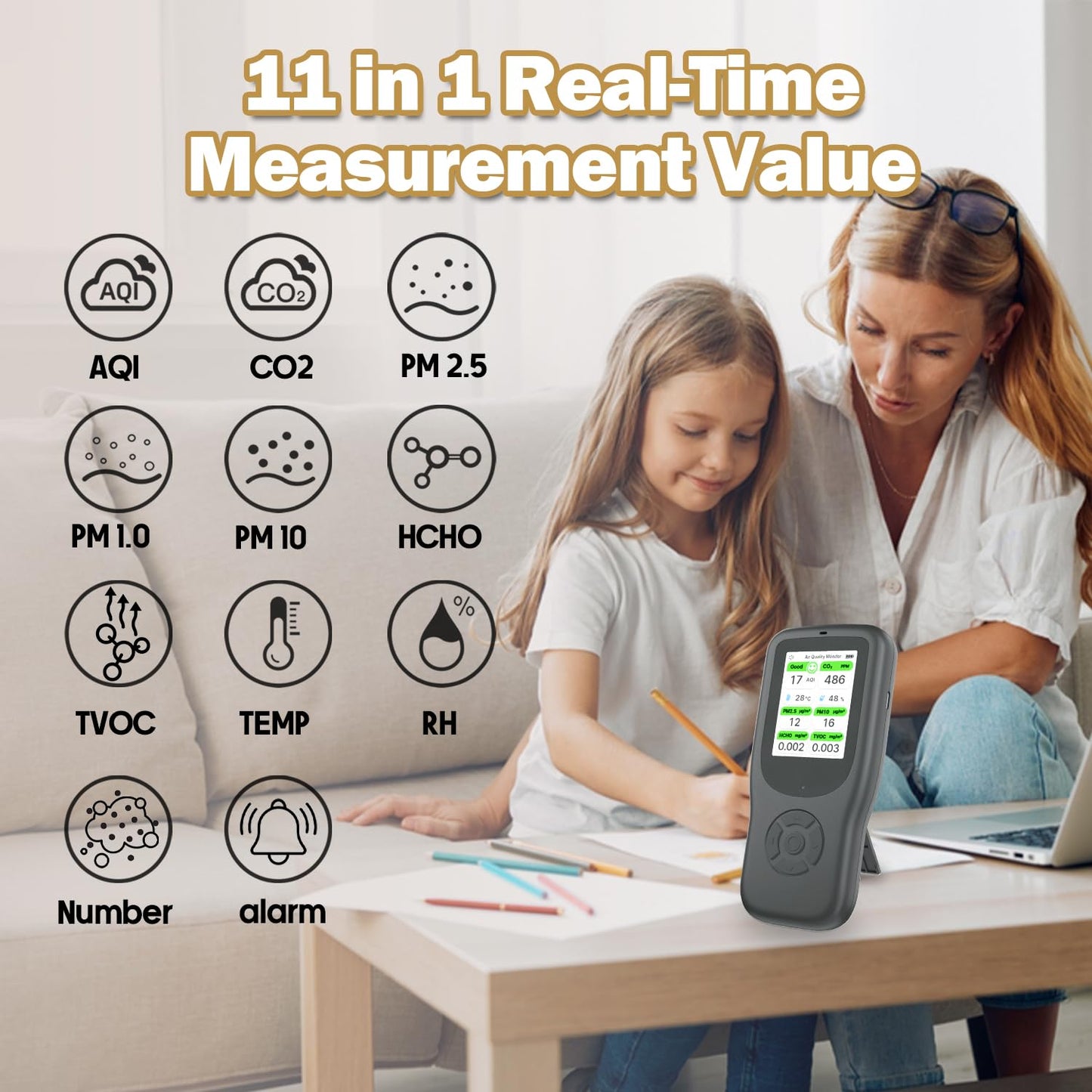 11-in-1 Air Quality Monitor - Portable Indoor Air Quality Detector with Stand, Real-Time Test for AQI, CO2, PM2.5, PM1.0, PM10, TVOC, HCHO, Particles, Temperature & Humidity with Aler (Black-White)