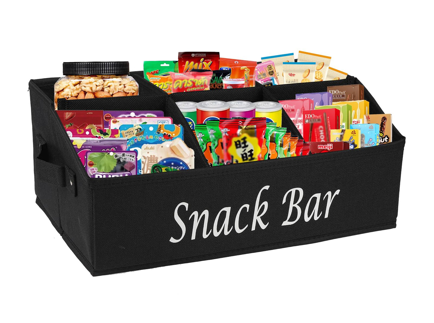 Xbopetda Snack Organizer for Countertop, Fabric Snack Bar Station with Handles, 6 Compartment Container, Black 【Patent Pending】