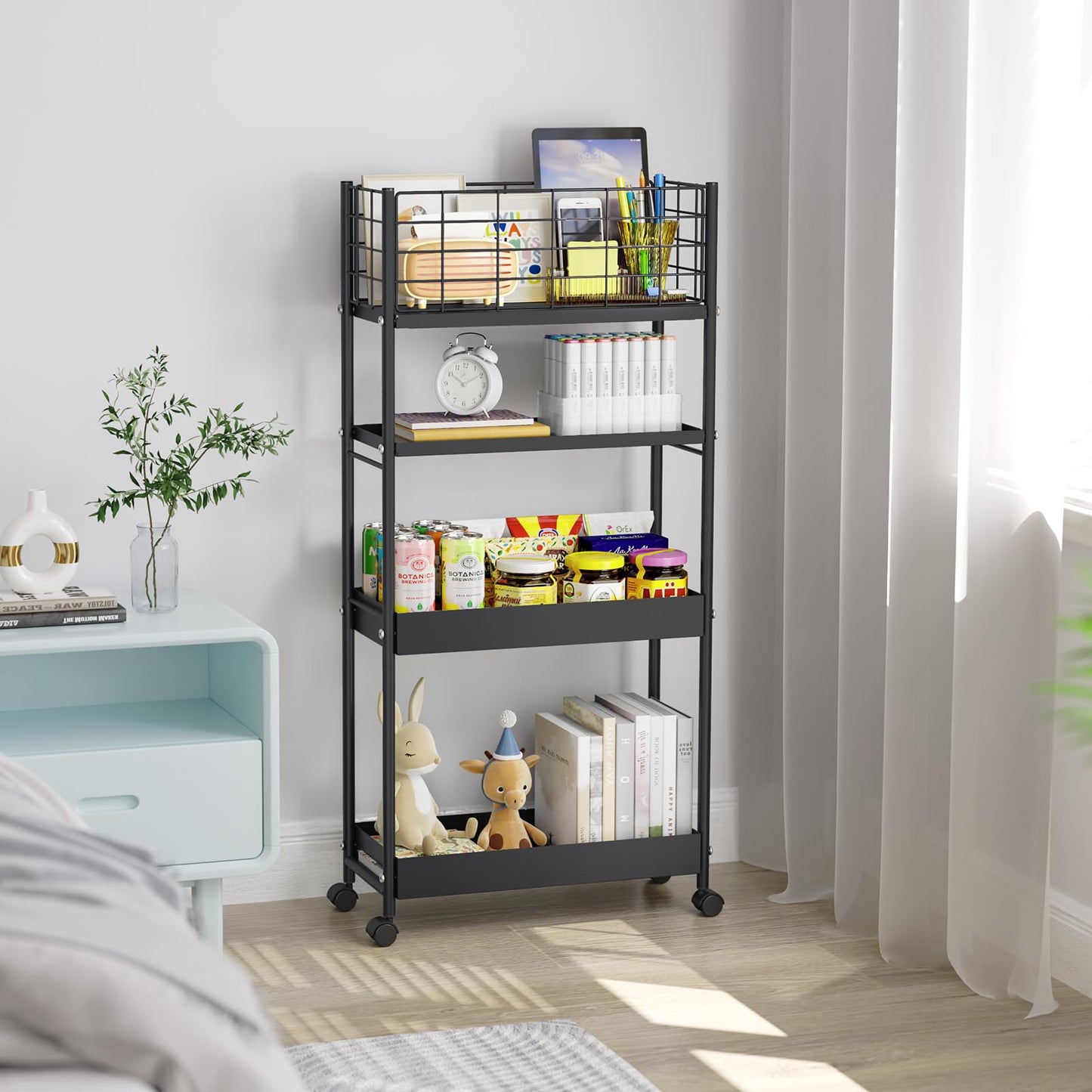 KINGRACK Slim Rolling Storage Cart 4 Tier - Heavy Duty Metal Utility Cart with Raised Edge & Wheels, Narrow Mobile Organizer Shelves for Bathroom, Kitchen, Laundry, Office, Living Room, Black