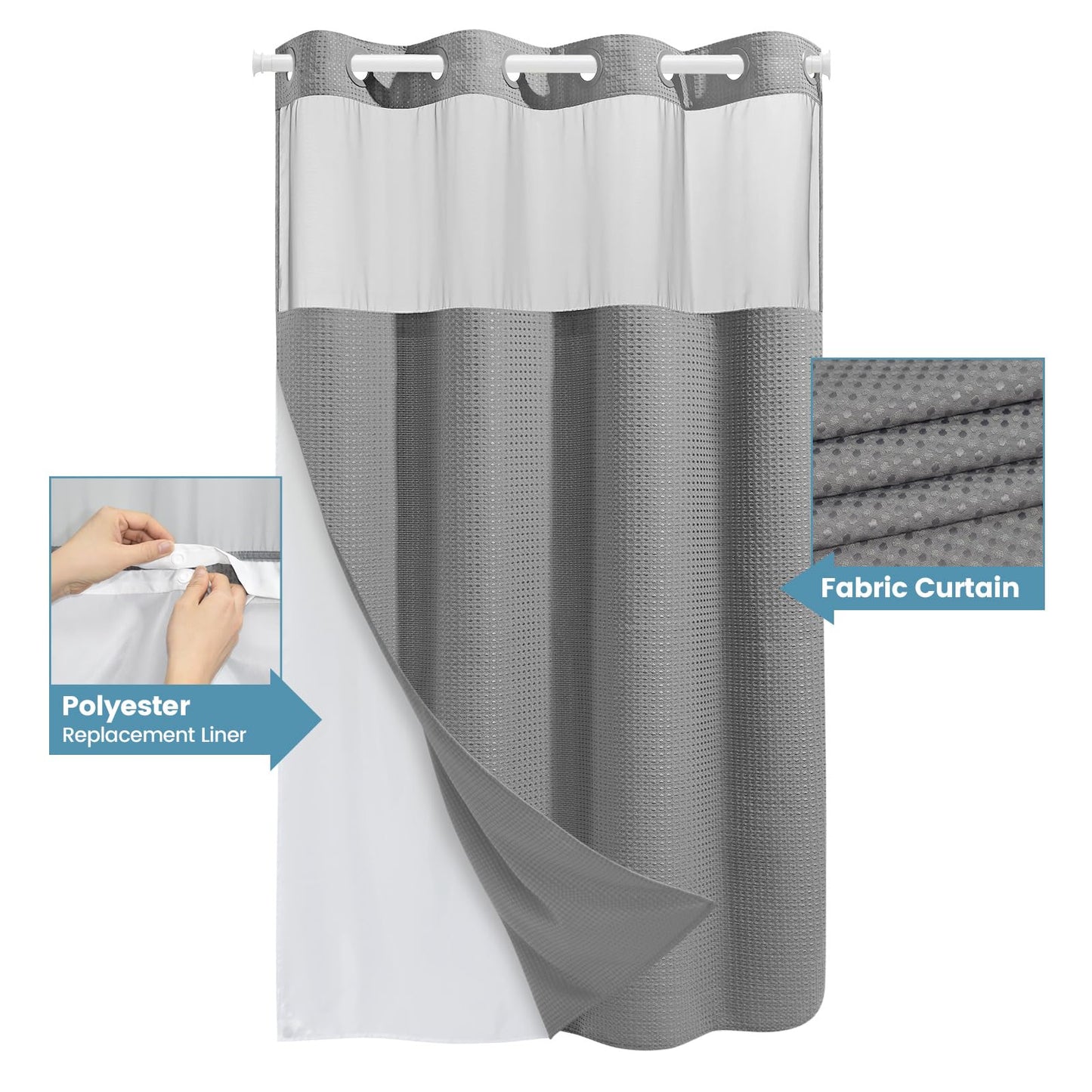 EUTXL Stall No Hook Shower Curtain with Snap in Liner,230GSM Waffle Weave Shower Curtains for Bathroom,60W x 74H,Grey