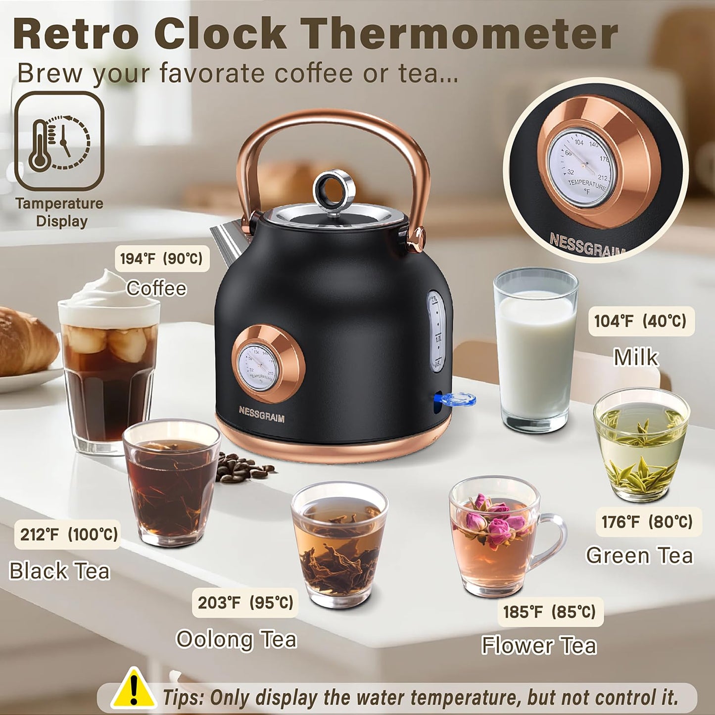 NESSGRAIM Retro Electric Kettle, 1.7L Stainless Steel Tea Kettle with Large Temperature Gauge, 1500W Fast Heating Hot Water Boiler with LED Indicator, Auto Shut-off & Boil-Dry Protection-Reteo Black
