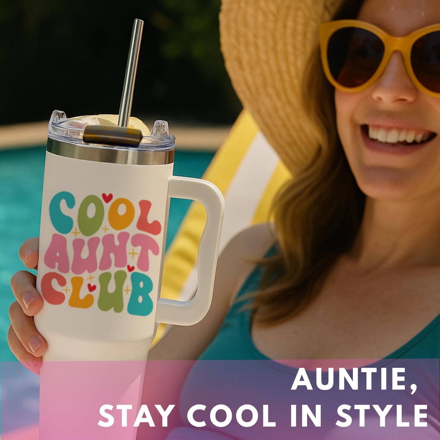 Cool Aunt Club Coffee Tumbler 40Oz, Best Aunt Gifts from Niece Nephew for Birthday, Mothers Day, Presents for First Time & Best Auntie Ever, New Aunty Cup with Handle Straw, Funny Drinking Mug Ideas