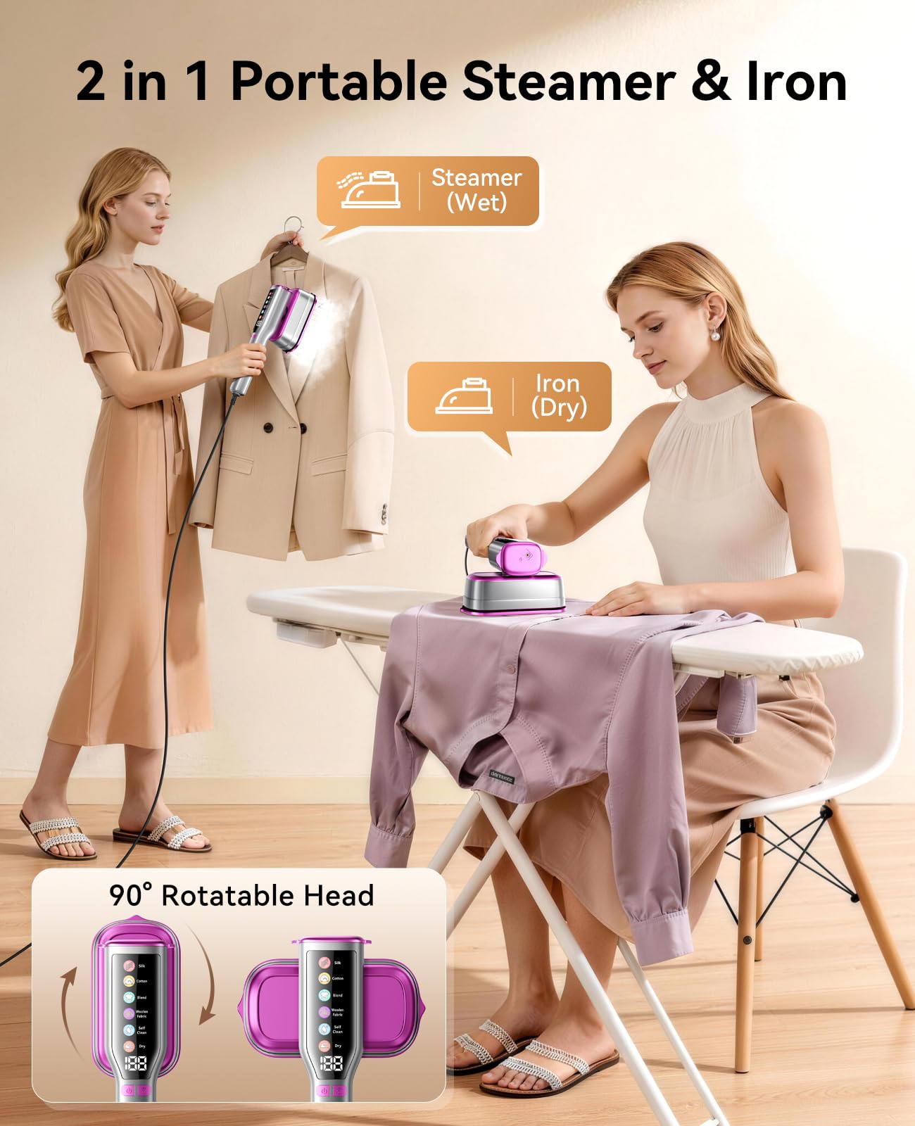 DIGIX 2-in-1 Steamer & Iron, 10s Heat-up, LED Display, 6 Modes, 130ml Large Tank, Self Clean, 1200W Travel Steamer for Clothes, Portable Handheld Garment Steamer for Travel Home Office, Auto-off, 120V
