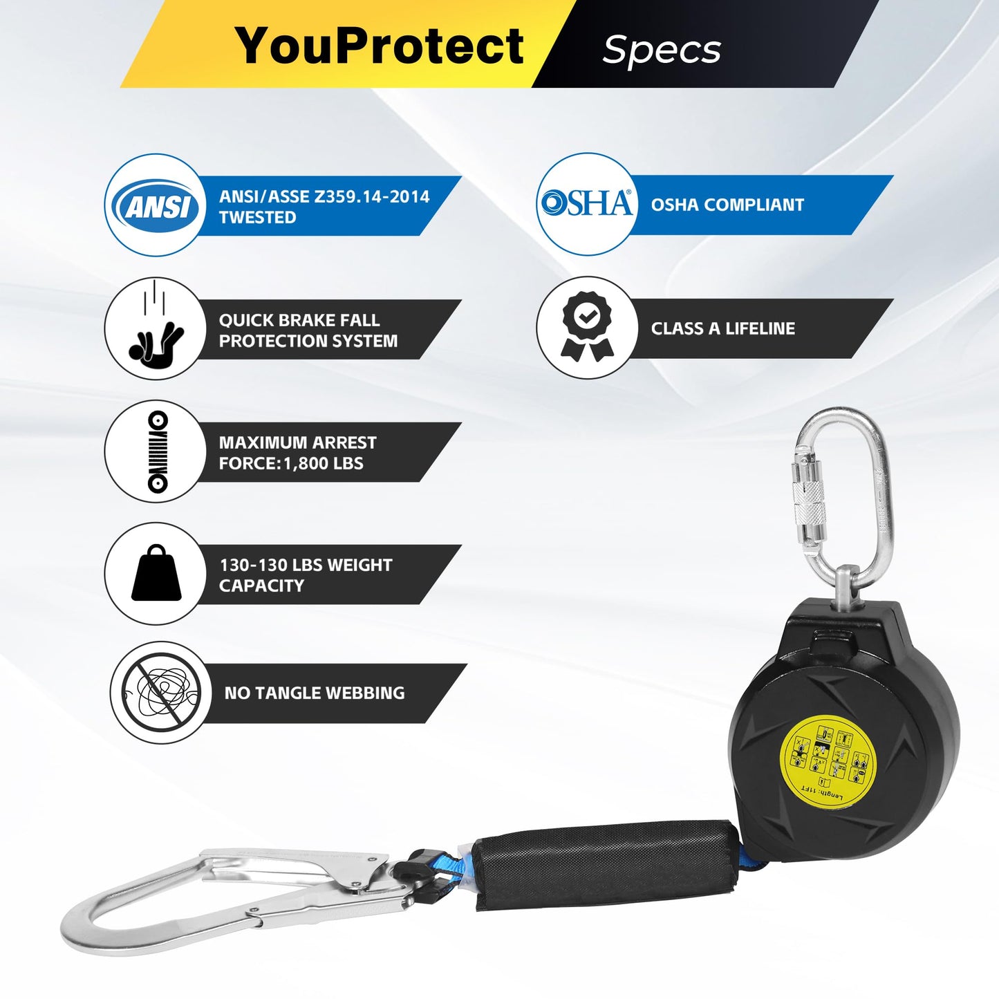 11FT Self Retracting Lifeline Fall Protection Retractable Lanyard, Fall Arrest Safety Yoyo for Construction Industrial - OSHA/ANSI Compliant (Large Hook)