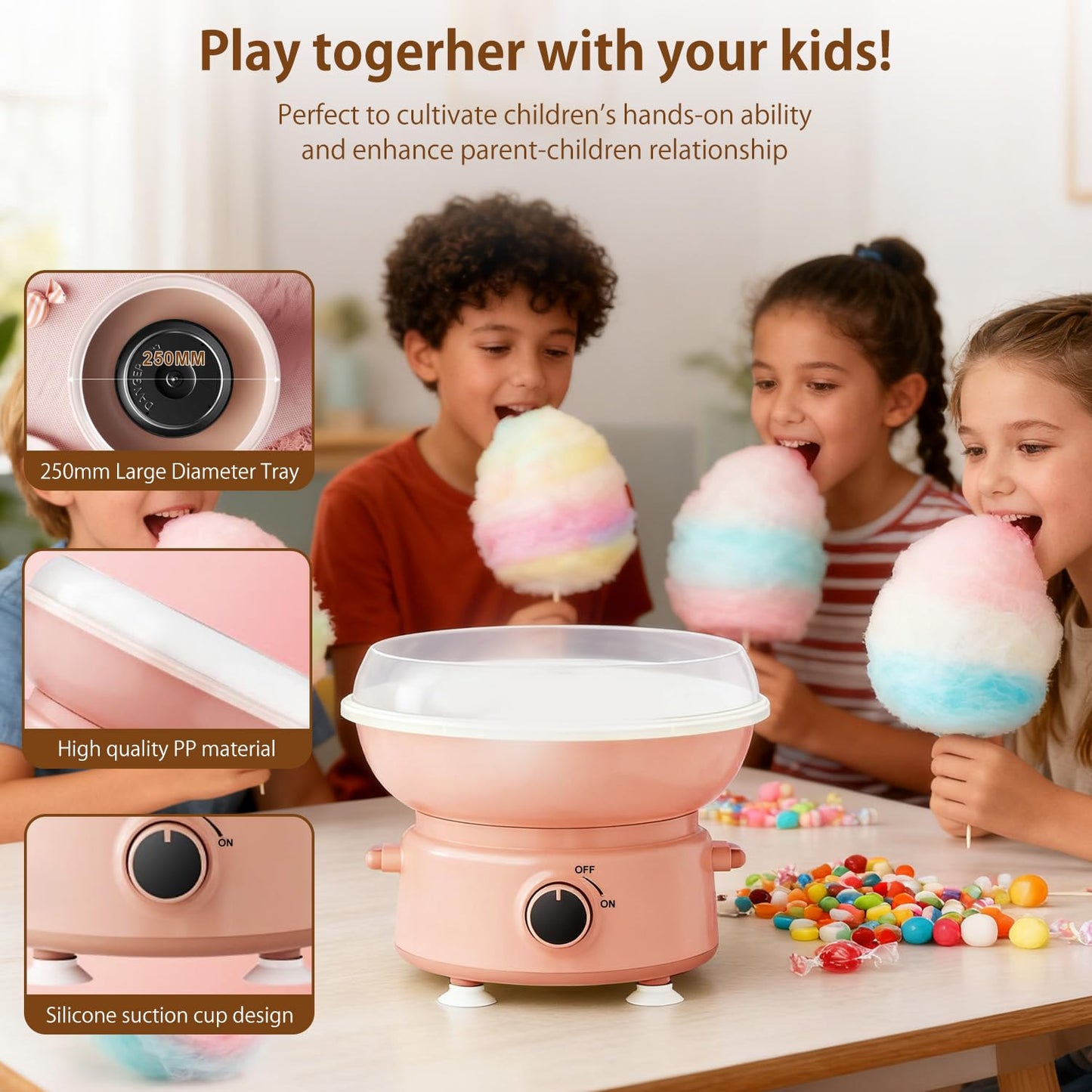 Cotton Candy Machine for Kids & Family, Mini Cotton Candy Maker with 10 Sticks & Sugar Scoop, Home Birthday Family Party Christmas Gift