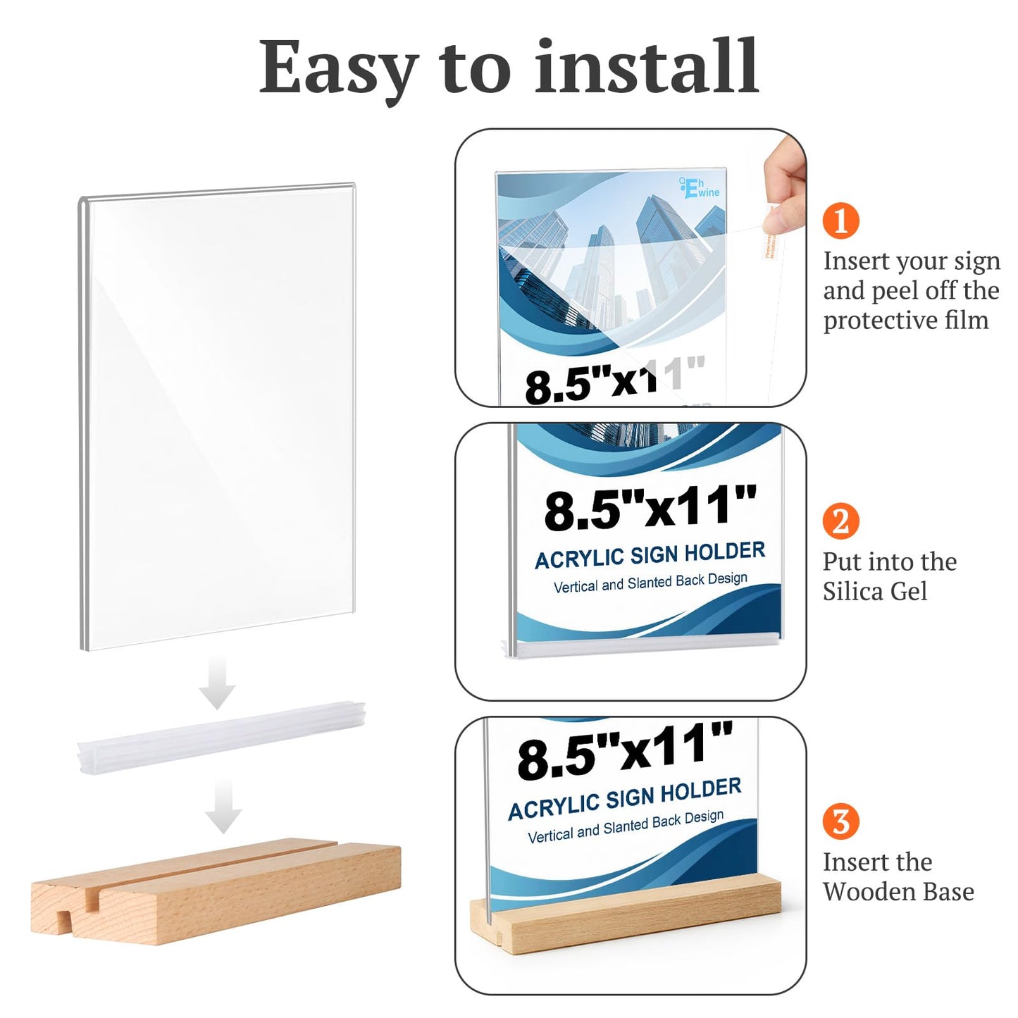 EHWINE 12 Pack 8.5 x 11 Acrylic Sign Holder with Wood Base, Double-Sided Clear Table Sign Holder with Non-Slip Pads, Vertical or Slant Back Display (L & T Shape), Menu Flyer Stand for Office, Retail, Restaurant