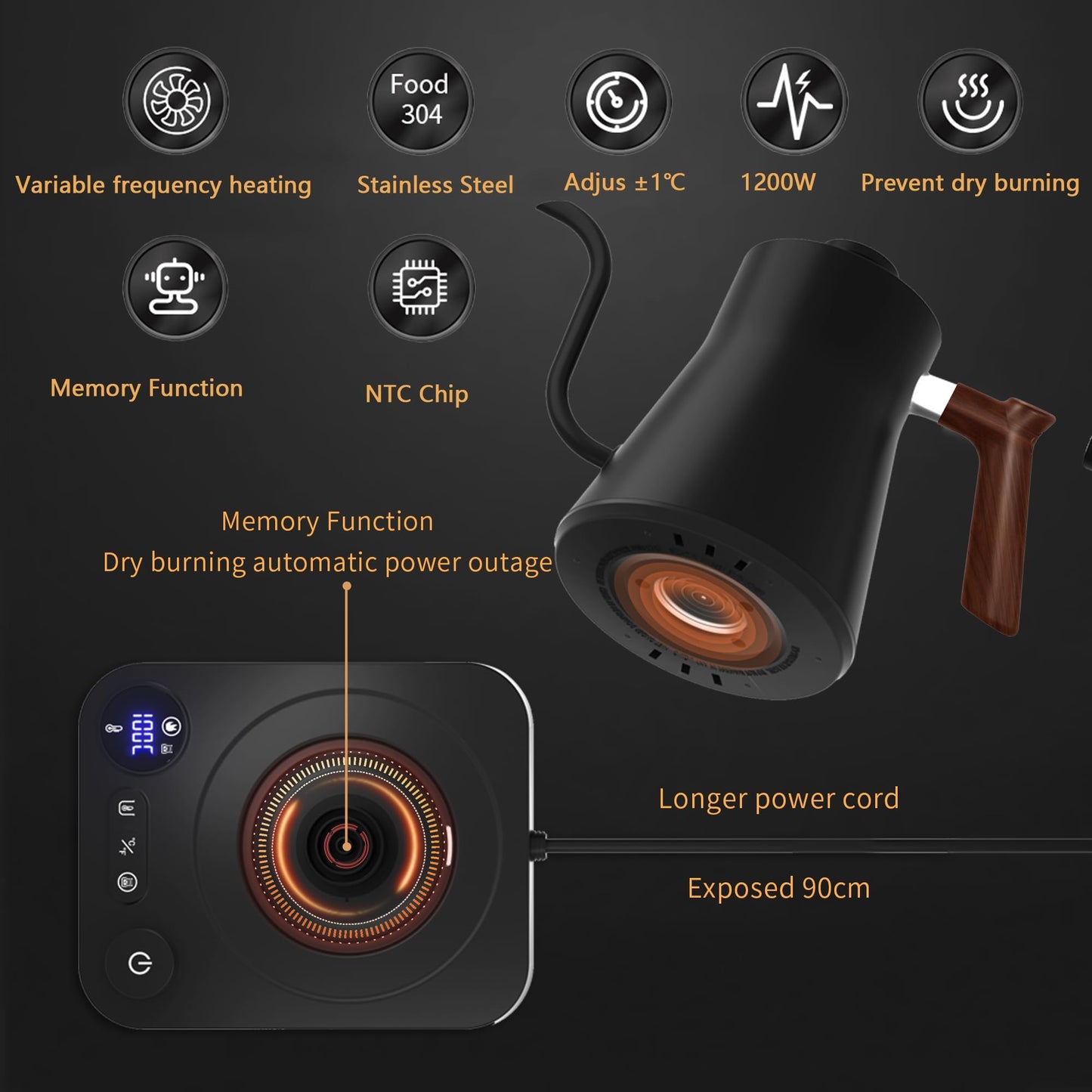 RHD Gooseneck Electric Kettle with Temperature Control LCD Display, 0.9L/900ml Pour Over Coffee & Tea Kettle, 1200W Fast Boil, Keep Warm, 304 Stainless Steel, Black