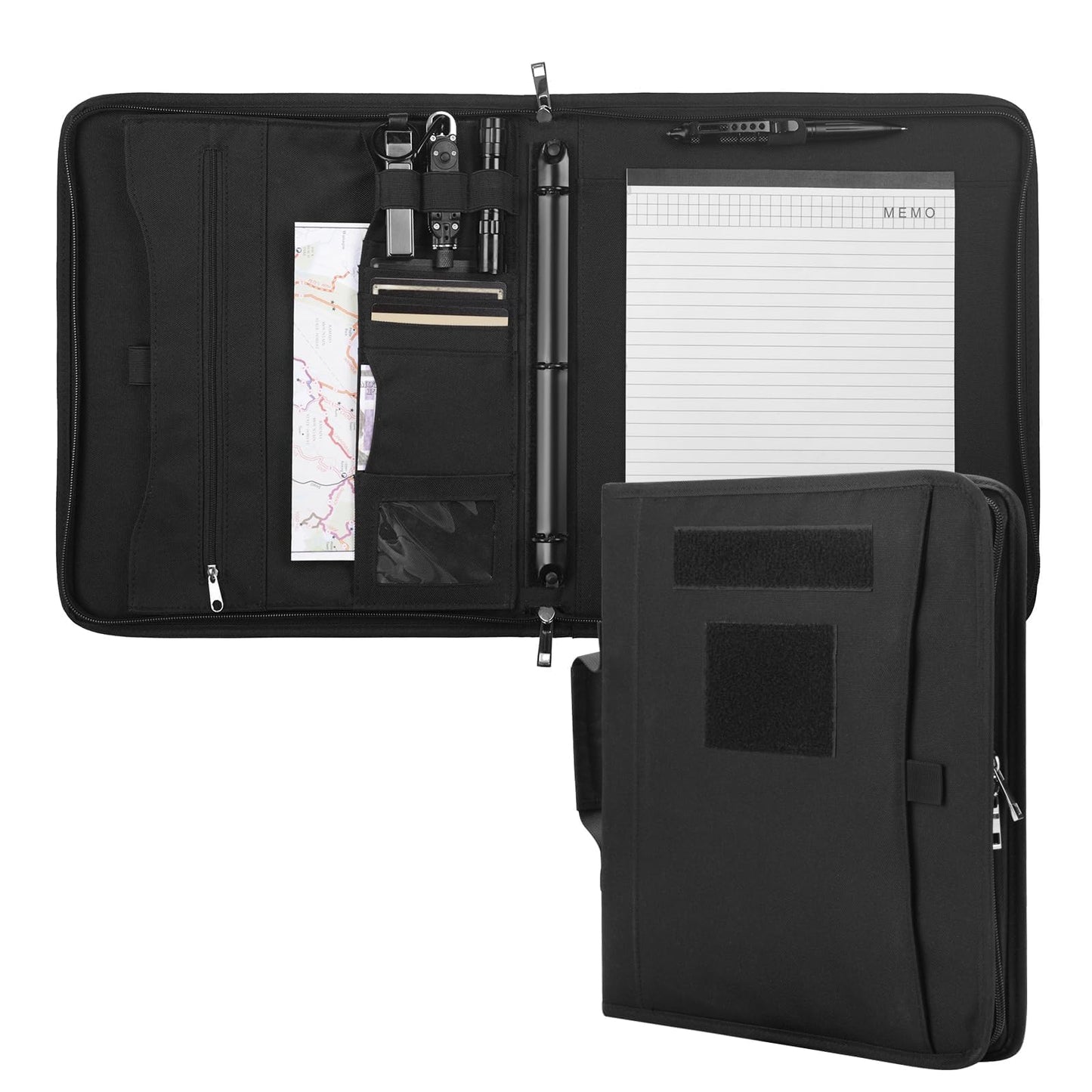 Kosibate Tactical Padfolio Portfolio Binder with Zipper and 25 Sheets of Letter Size Paper,Notebook Cover,Tactical Notebook with Zippered for Folders,Detachable 3-Ring Binder(A4,Black,13.5X 11.5Inch)