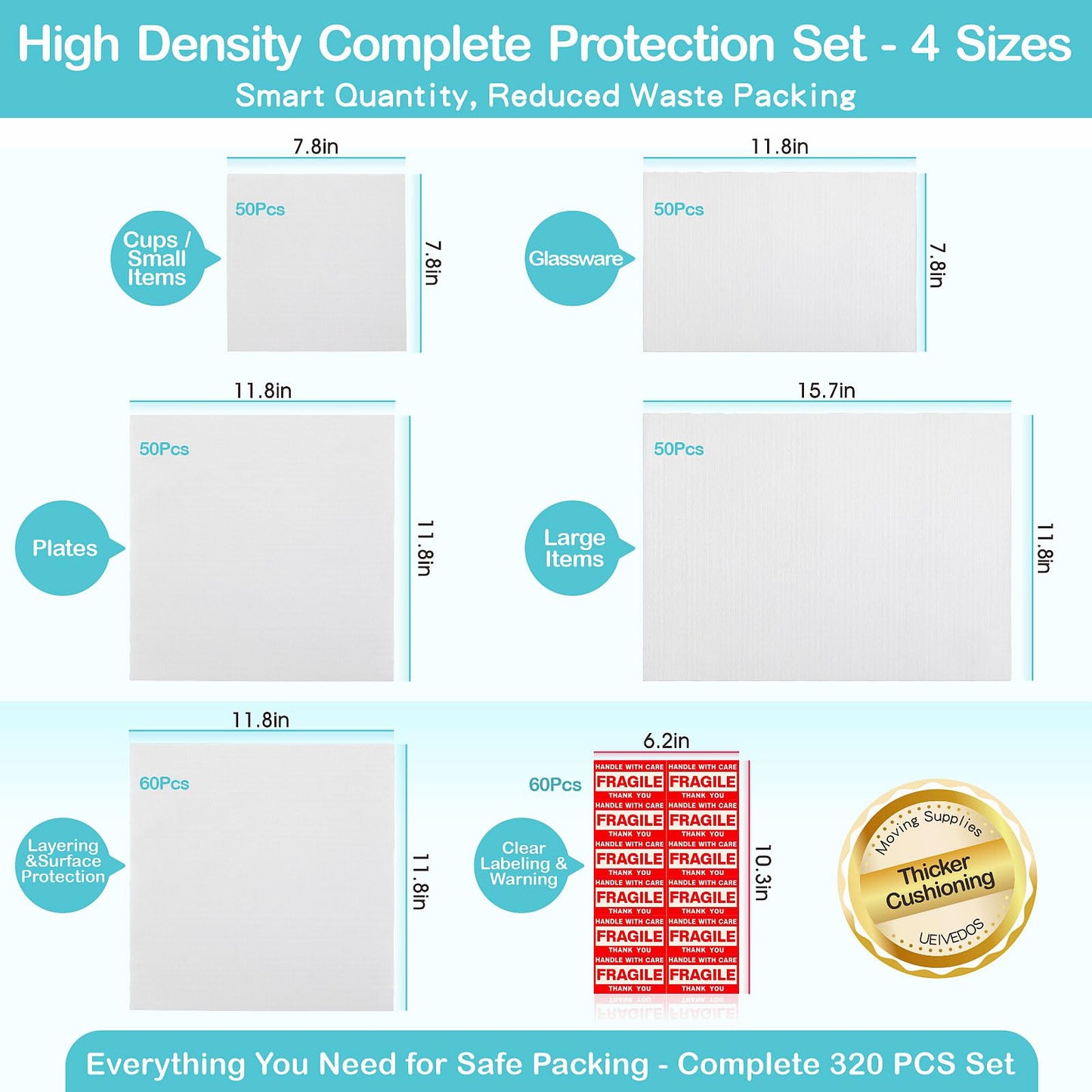 Dish Packing Supplies for Moving,320 Moving Supplies 4 Sizes (16 x 12", 12 x 12", 12 x 7.8", 7.8 x 7.8"),with 60 Fragile Stickers,High density thicker Cushion Foam for Plate Packing Shipping Storage.