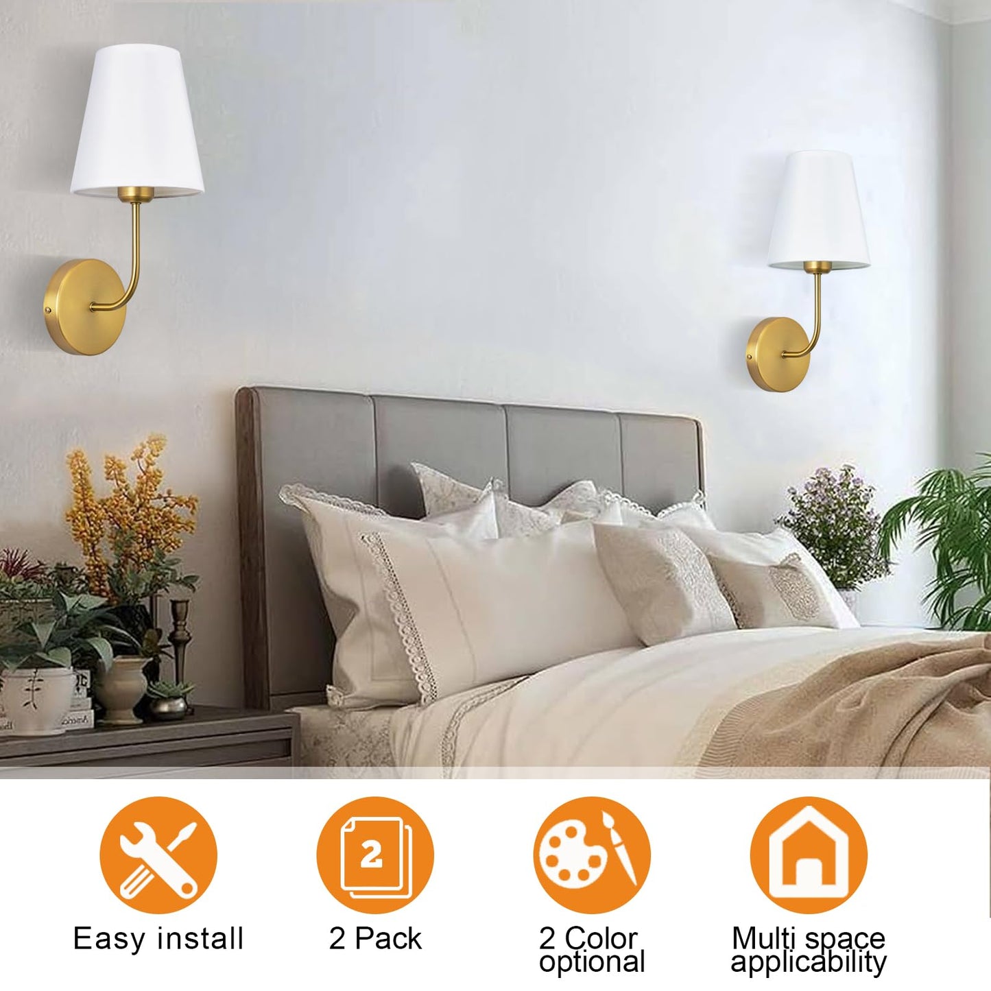 LEECOORA Antique Brass Hardwired Wall Sconce Set of 2 - Gold Finish with White Fabric Shades，Bedroom Lighting, Living Room, Farmhouse, Fireplace, Hallway, Bedside Lamp,Bathroom Wall Lights