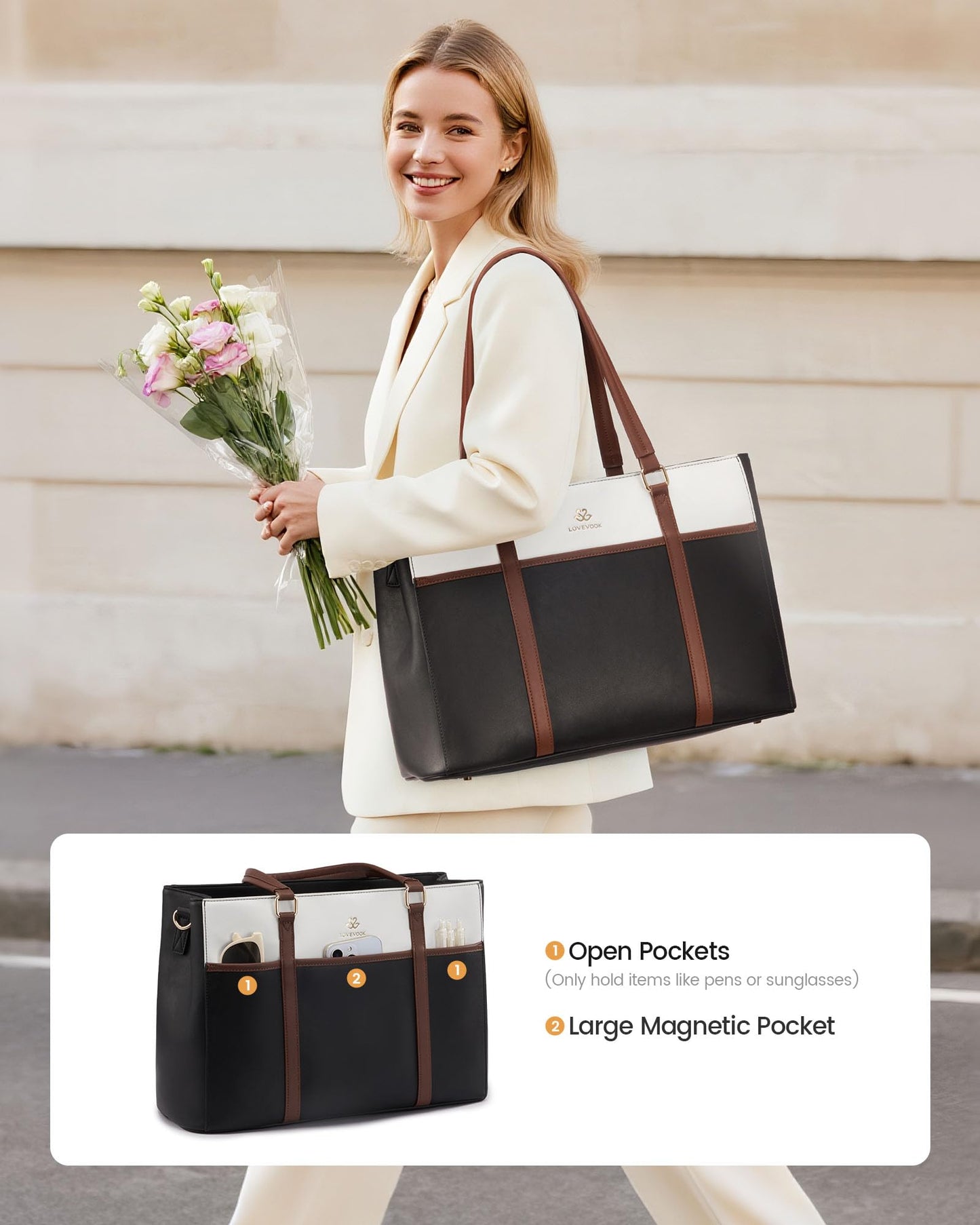 LOVEVOOK Lunch Bag for Women, Leather Work Laptop Tote Bag with Insulated Lunch Compartment&Cup Holder, 15.6 Inch 2 in 1 Lunch Tote for Business, Teacher, Nurse, Office, College, Casual
