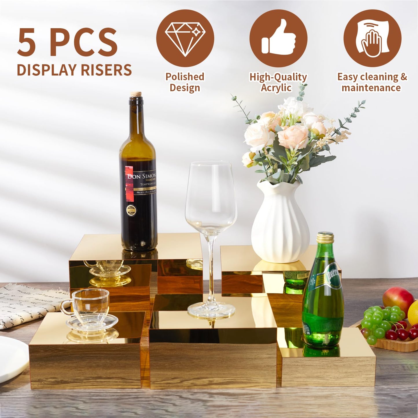 Jolboldy 5 Pcs Acrylic Gold Risers Display Stands, Mirrored Food Risers for Buffet Table, Nesting Acrylic Cube Boxes for Jewelry Purse Perfume, Gold Cake Stand for Dessert Display Catering Supplies