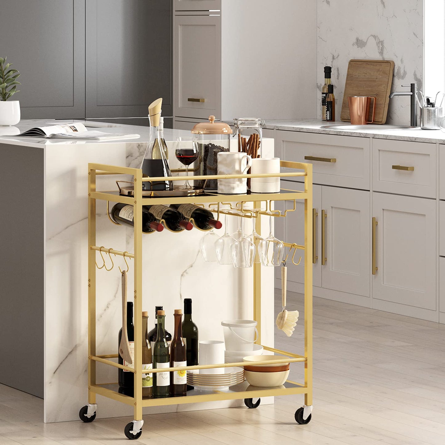 TUTOTAK Bar Cart, Serving Cart for Home, Drink Cart, Mobile Kitchen Shelf with Wine Rack and Glass Holder, Rolling Beverage Cart, Gold BC01BB031