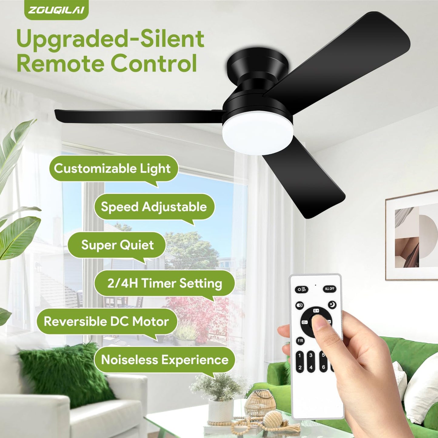 ZOUQILAI Ceiling Fans with Lights - 42 Inch Low Profile Ceiling Fan with Light and Remote, Reversible DC Motors, 3CCT Dimmable Timer Noiseless, Black Flush Mount Ceiling Fan for Bedroom/Living Room