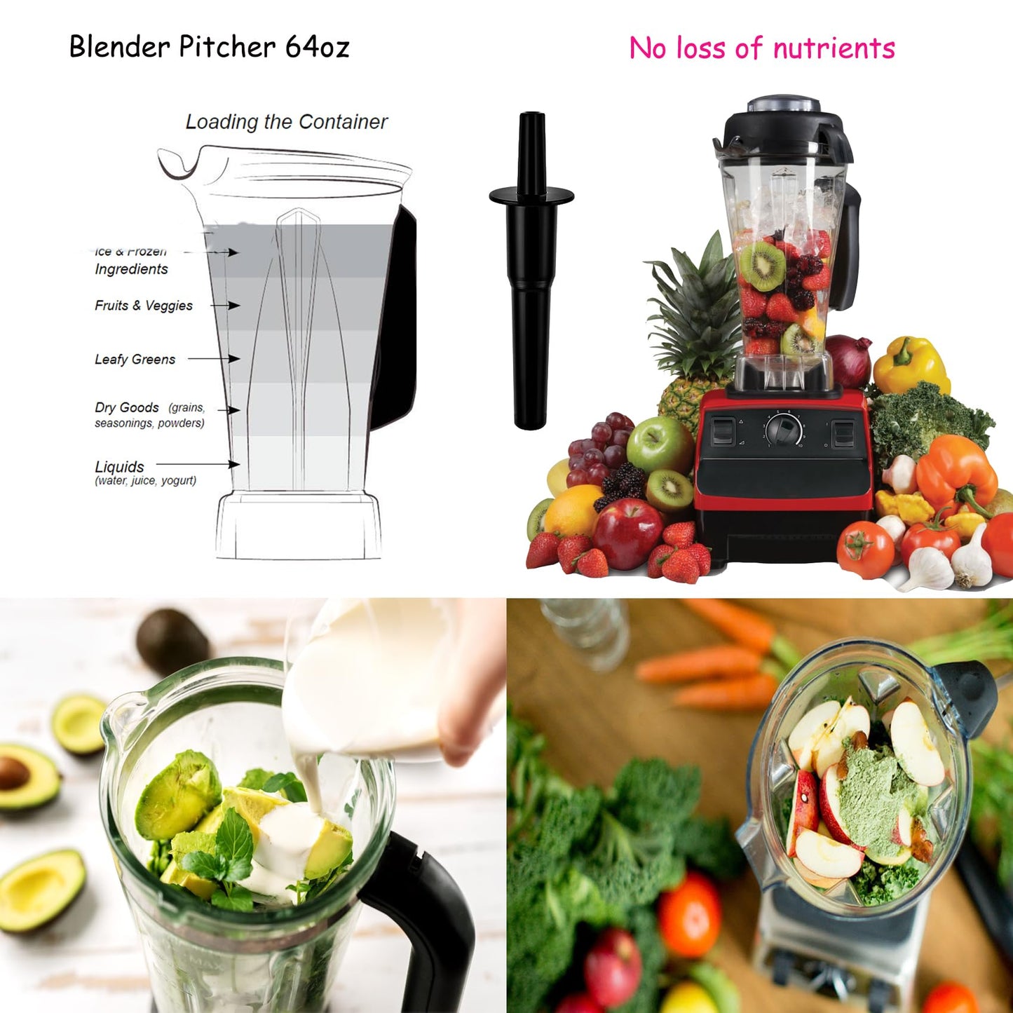 Blender Pitcher 64oz, With Classic Tamper,Compatible with 5200 5000 7500 Pro500 Vita-Prep Vm0101 Vm0102 Vm0103 Vm0197 E310 320 Explorian/Commercial Series etc blender, 10 Year Warranty