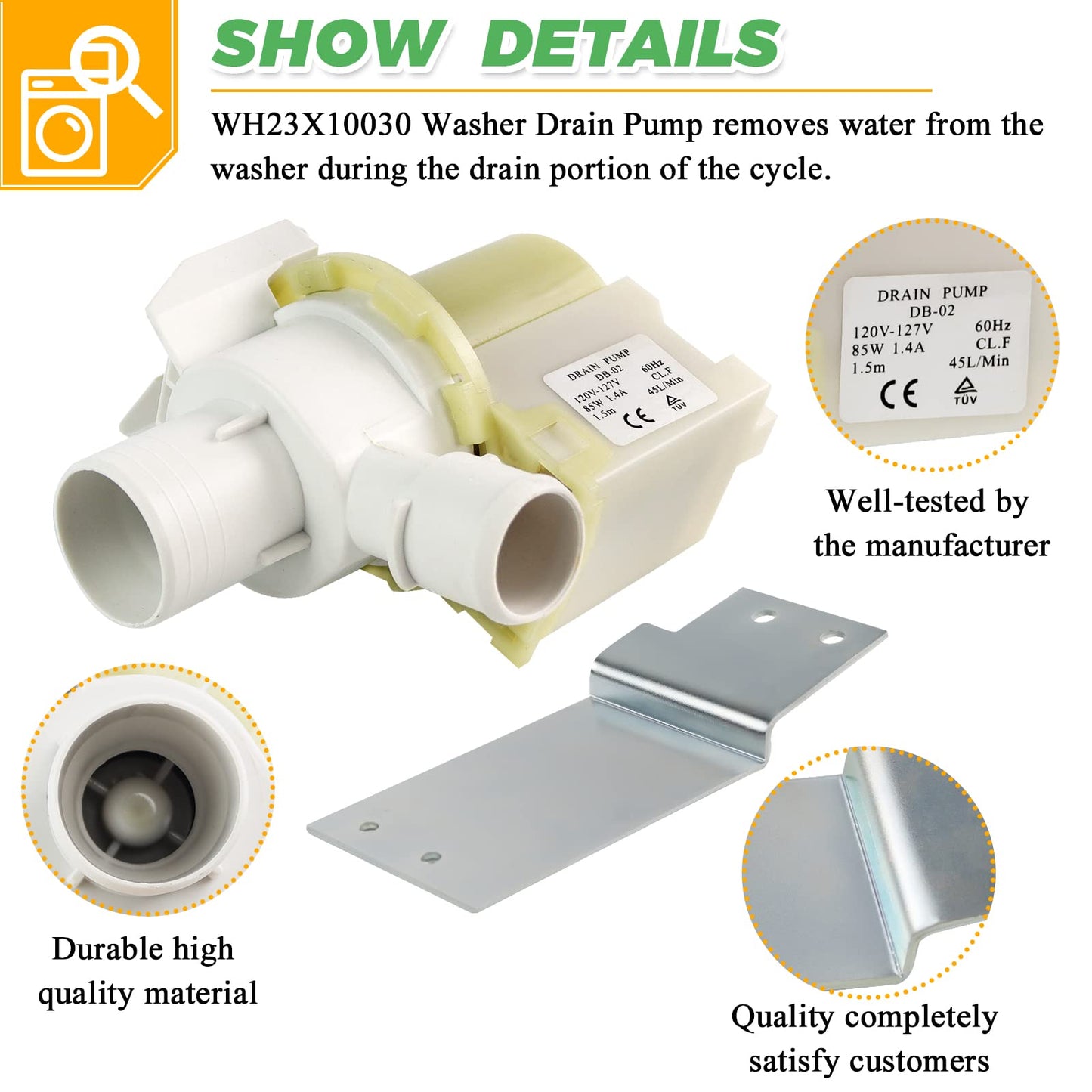WH23X10030 WH23X10013 Washer Drain Pump by Techecook - Compatible with Hotpoint GE Washing Machine WH23X10013 WH23X0081 WH23X0091 WH23X0092 AP5803461 3015301 PS271333 J27-769 TRUCK TRUCK-1 Drain Pump