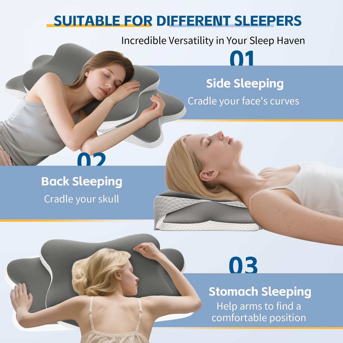 Cervical Neck Pillow for Neck and Shoulder Pain Relief, Memory Foam Pillow, Ergonomic Contour Side Sleeper Pillows, Soft Cooling Orthopedic Pillow for Side Back Stomach Sleepers (Grey)