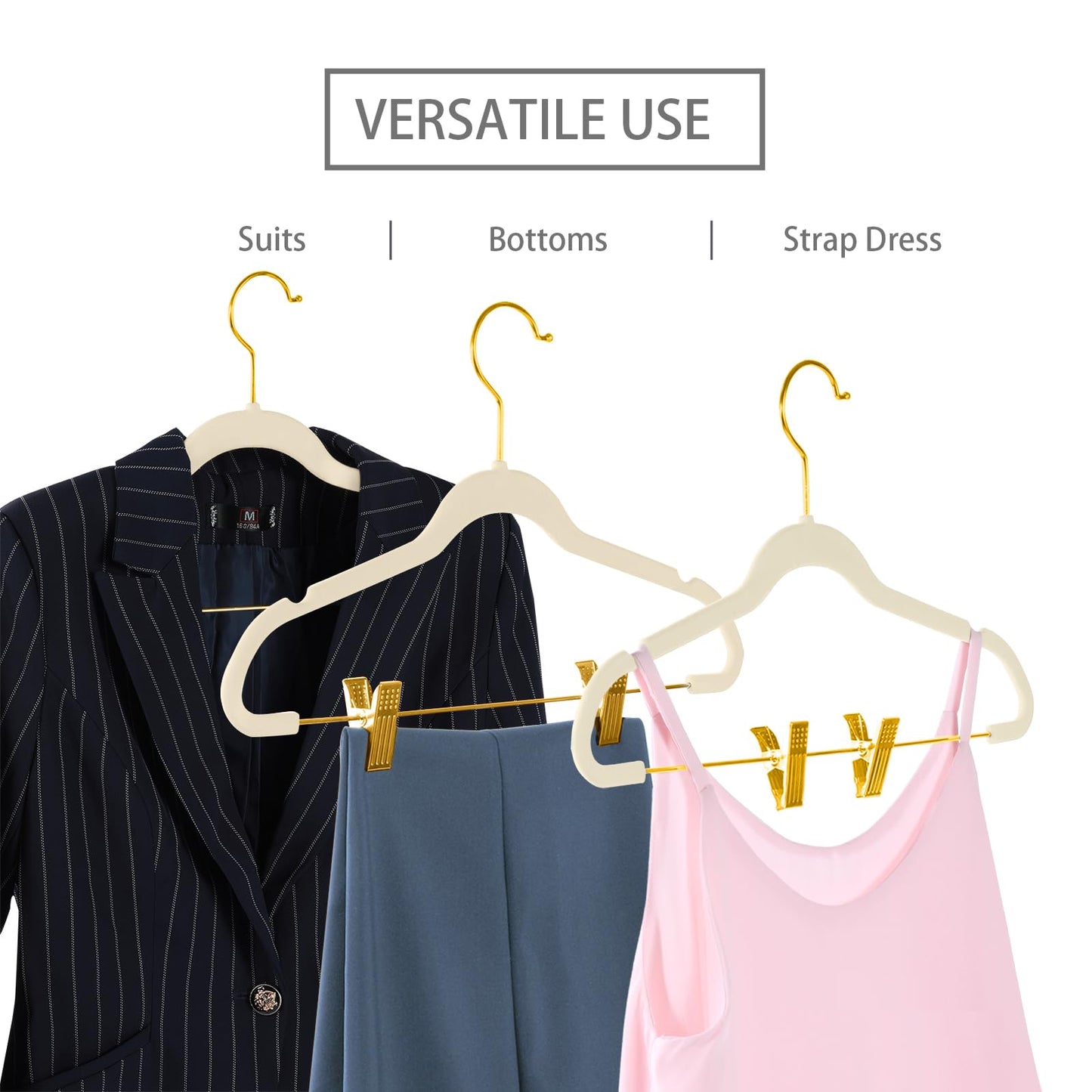 MIZGI Premium Velvet Pants Hangers with Adjustable Clips (Pack of 20) - Slim Skirt Hangers - Non Slip Felt - Ivory/Gold