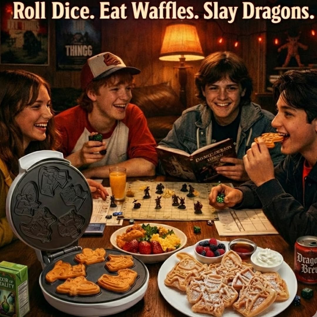 Dungeon Heroes Electric Mini Waffle Maker- Eat Wizards Fighters Clerics for Morning Breakfast Fun- Novelty Pancakes in Minutes, Non-Stick Fantasy Dragon for Tabletop Gamers- Great Waffler Novelty Gift