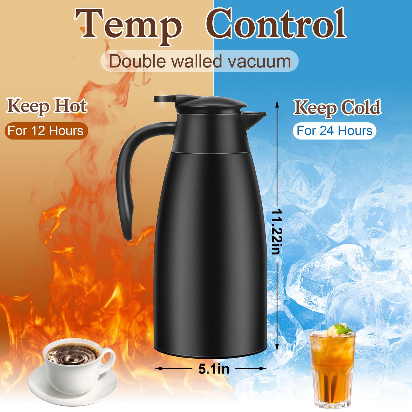 Essenya 2 PCS 68 OZ Thermal Coffee Carafe, Insulated Stainless Steel Coffee Carafe Double Walled Vacuum Thermal Pot Flask with Brushes for Keeping Hot Coffee Tea Home and Office (Black)