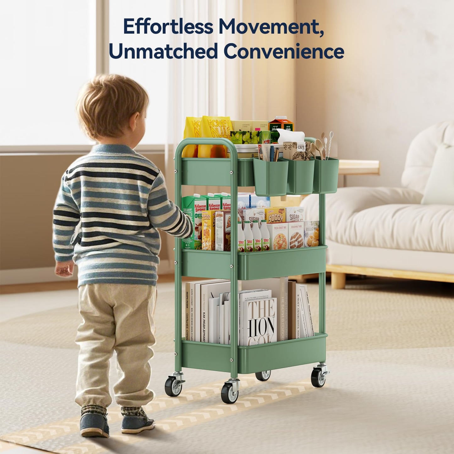 YASONIC 3-Tier Rolling Cart, Green, 66 Pounds Capacity, Mesh Storage Organizer with Lockable Wheels, 3 Hanging Cups, 4 Hooks, Easy Assembly, for Kitchen, Bathroom, Laundry, Grocery