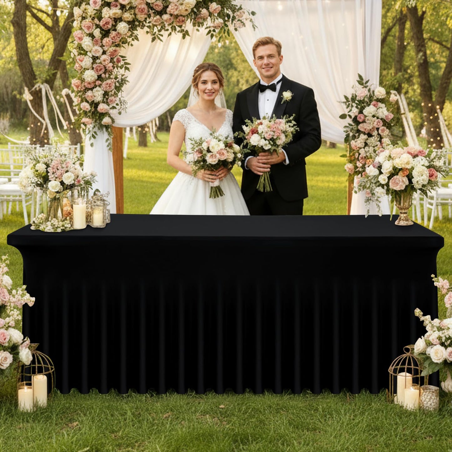 Moosfor Spandex Fitted 6FT Rectangle Tablecloth 2 Pack, Elastic Stretch Wrinkle Resistant Table Skirt, Washable Reusable Table Cover for Wedding, Banquet, Party, Events (Black, 72Lx30Wx30H Inch)