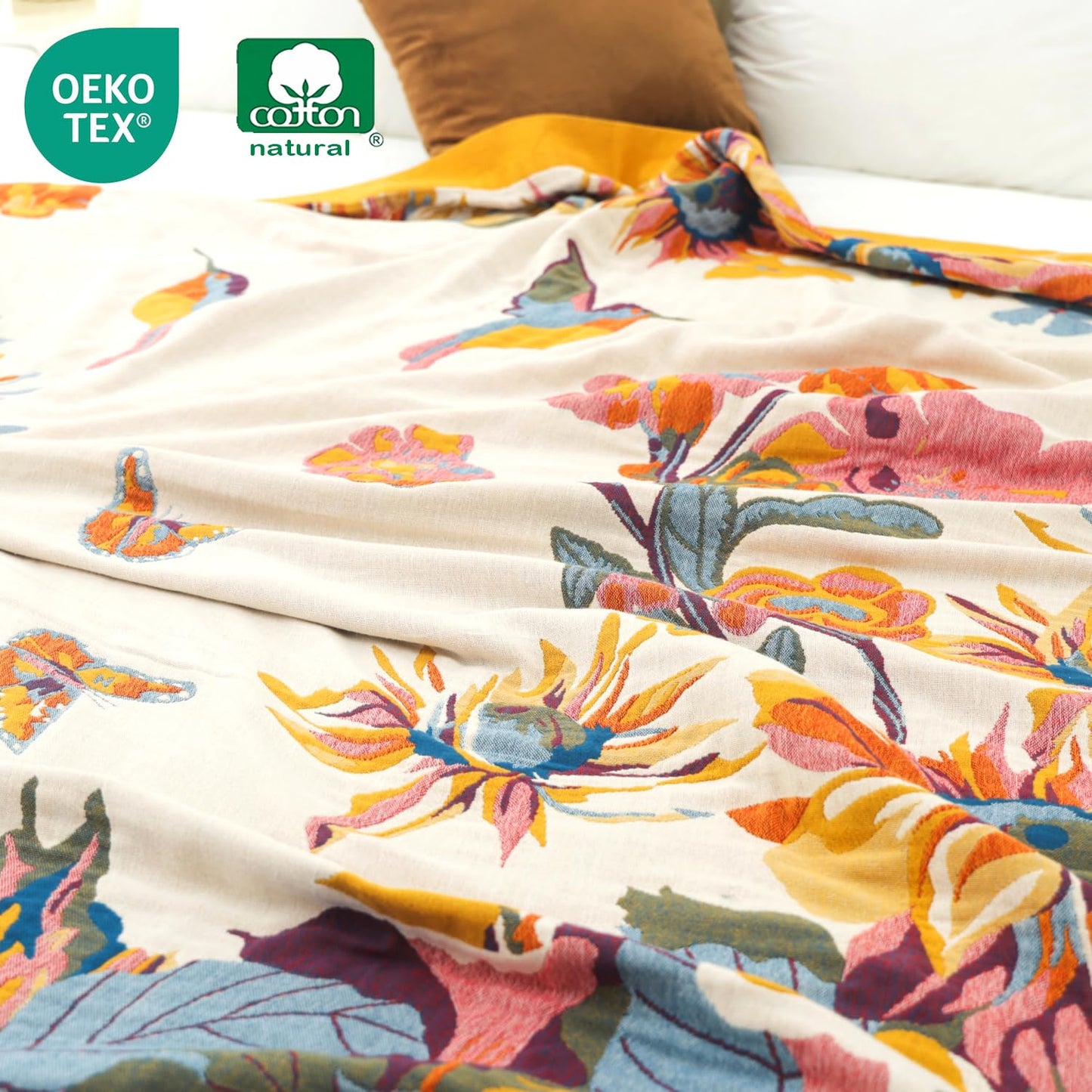 VANJOROY Boho Throw Blanket 60" x 80", 100% Organic Cotton Skin-Friendly Lightweight Ultra Soft Bed Quilt Throw - Summer Floral Butterfly Farmhouse Decor Blanket for Sofa Couch Chair and Gift.