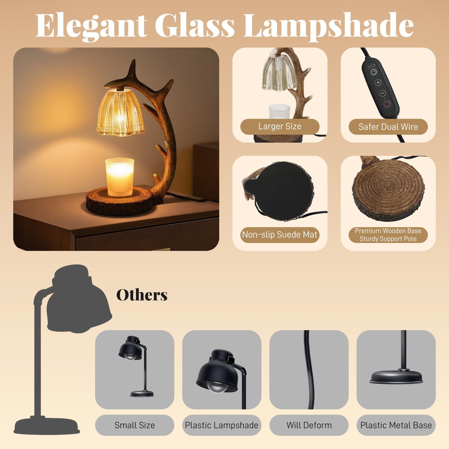 Candle Warmer Lamp | Rustic Candle Warmer Lamp with Timer and Dimming Function | Suitable for Retro Decoration and Creative Gifts Features A Resin Reindeer Antler Design and Comes with 2 Light Bulbs