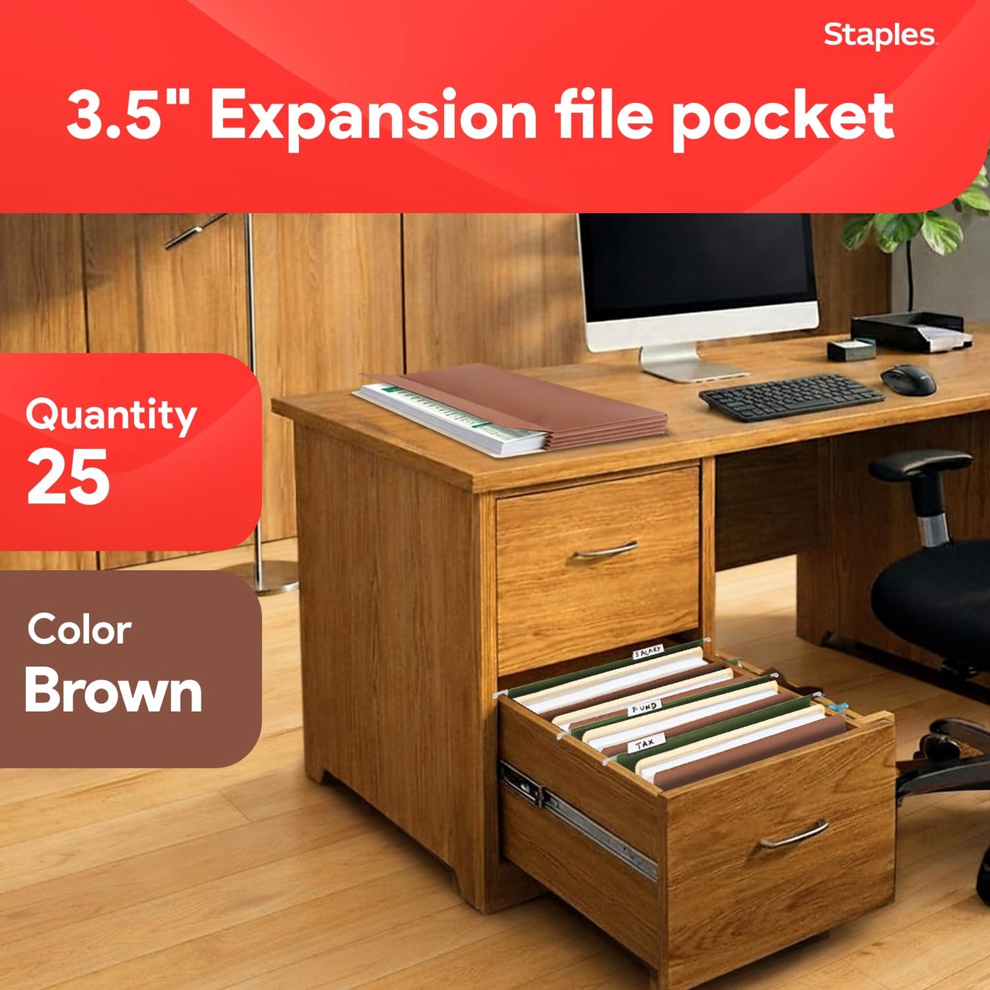 Staples Reinforced File Pockets, Letter Size, 3.5‑Inch Expansion, Heavy‑Duty Brown Accordion Files for Organization – 25/Pack