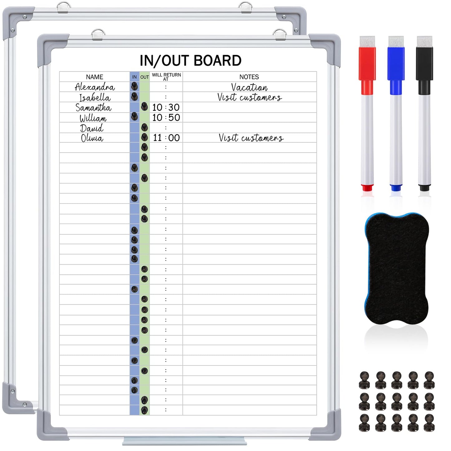 Lincia in and Out Magnetic Dry-Erase Board 24" x 18" Aluminum Framed White Board with Lines 33 Names with Magnetic Dry-Erase Marker, Eraser, and 35 Magnets Wall-Mounted for Office Employee