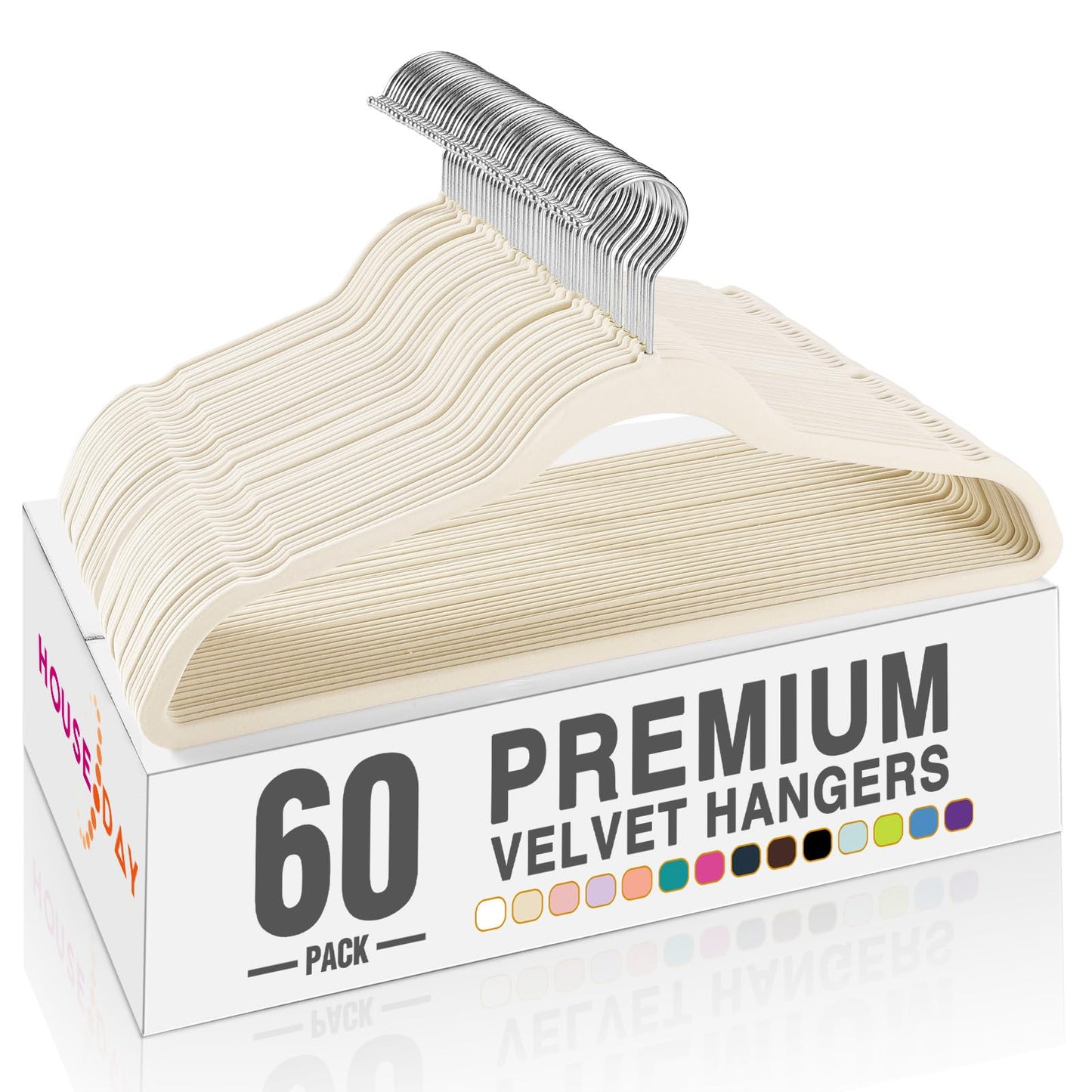 HOUSE DAY Ivory Velvet Hangers 60 Pack, Non Slip Clothes Felt Hanger Heavy Duty for Coat, Premium Slim Space Saving Suit Hangers for Closet Organizer, 360° Rotating Silver Hook