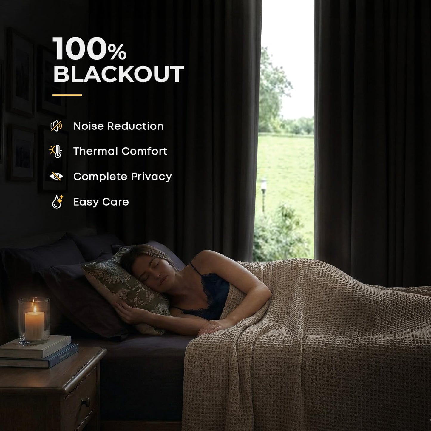 INOVADAY 100% Blackout Curtains for Bedroom, Black Out Curtains 90 Inch Long, Clip Rings Linen Blackout Drapes, Thermal Insulated Room Darkening for Living Room, 2 Panels - Beige,W50xL90