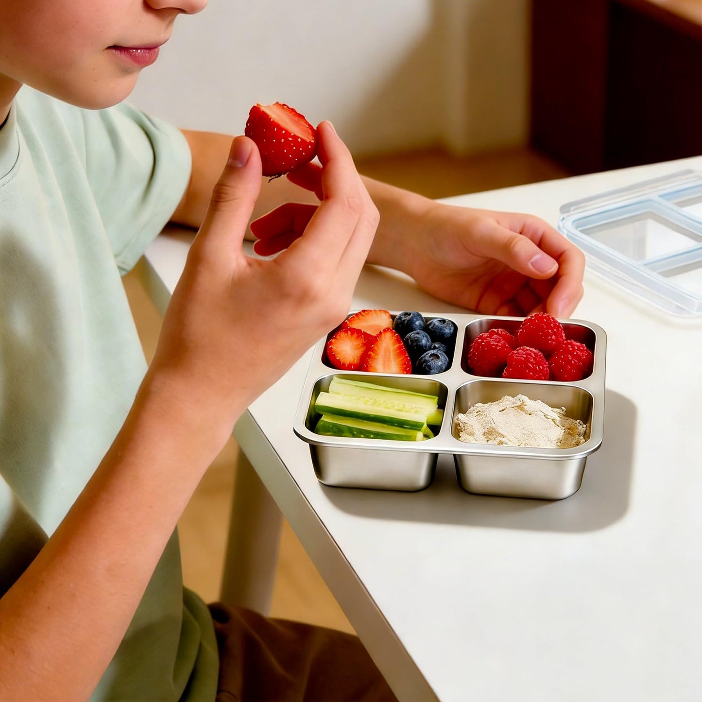 EC-Gaze 3 Pack Stainless Steel 4 Compartment Snack Containers with Lids, Reusable Divided Lunch & Food Storage Containers for Work, Travel (Pink, Yellow, Blue)