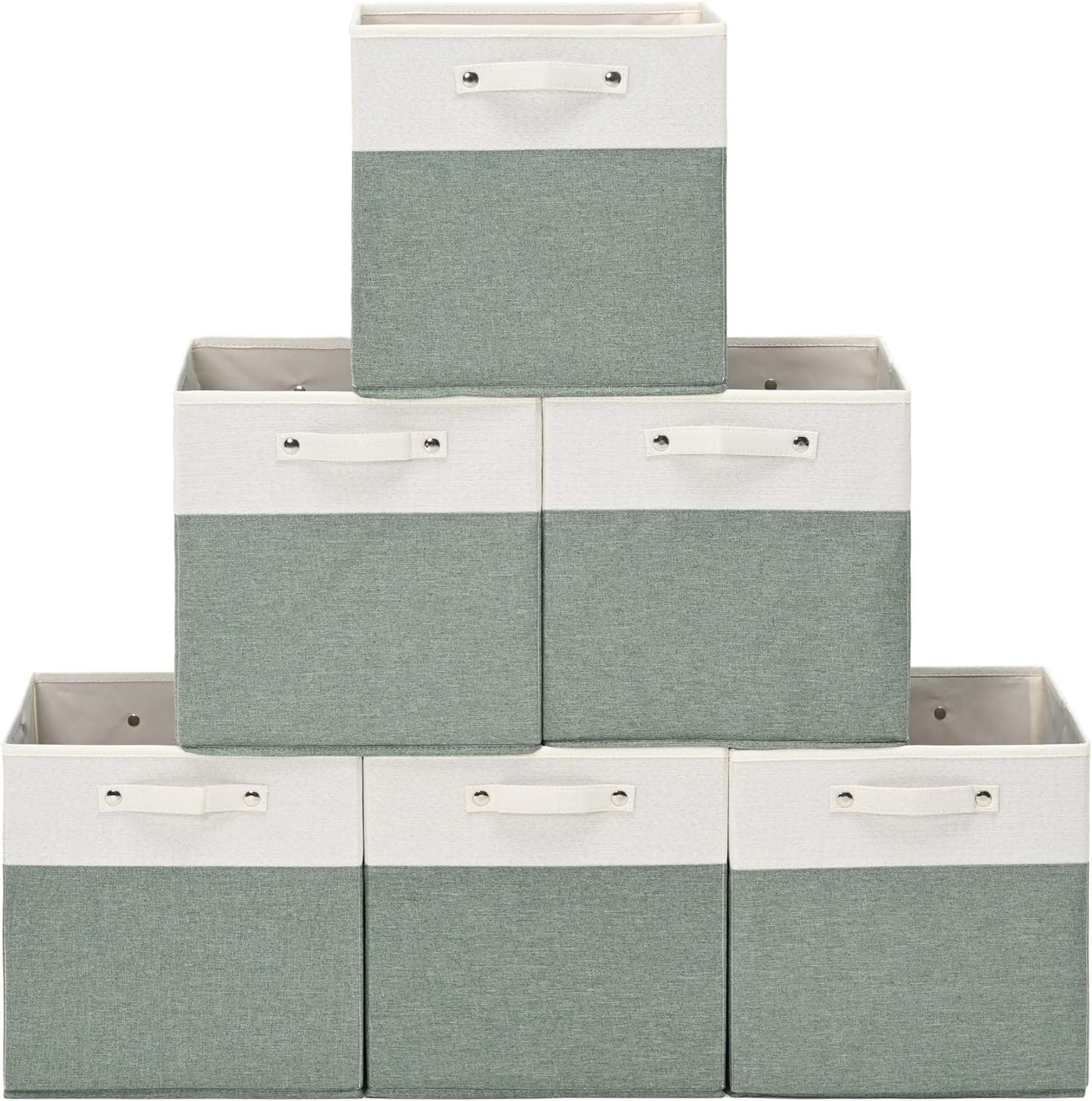 FinishingBo 13 x 13 Inch Fine Linen Storage Bins with Handles，Fabric Cube Boxs，Basket Organizers for Shelves for Home, Closet Drawers (White/Green-6 Pack)