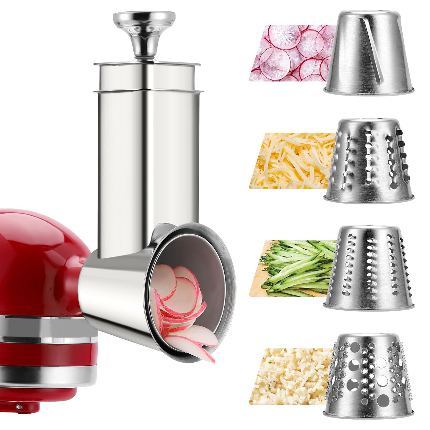 Stainless Steel Slicer Shredder Attachment for KitchenAid Mixers, Dishwasher Safe Cheese Grater Attachment, Food Slicer & Vegetable Shreder Accessory with 4 Blades