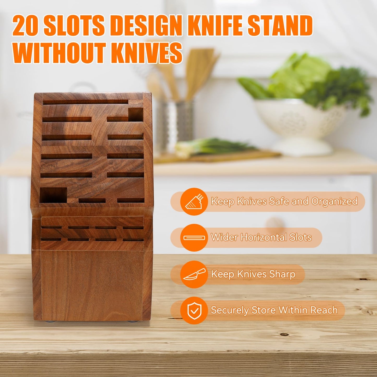 Teak Wood Knife Block Holder without Knives, 20 Slot Large Universal Wooden Knife Block Organizer with Wide Slots and Secure Stand, Countertop Butcher Block for Kitchen Storage